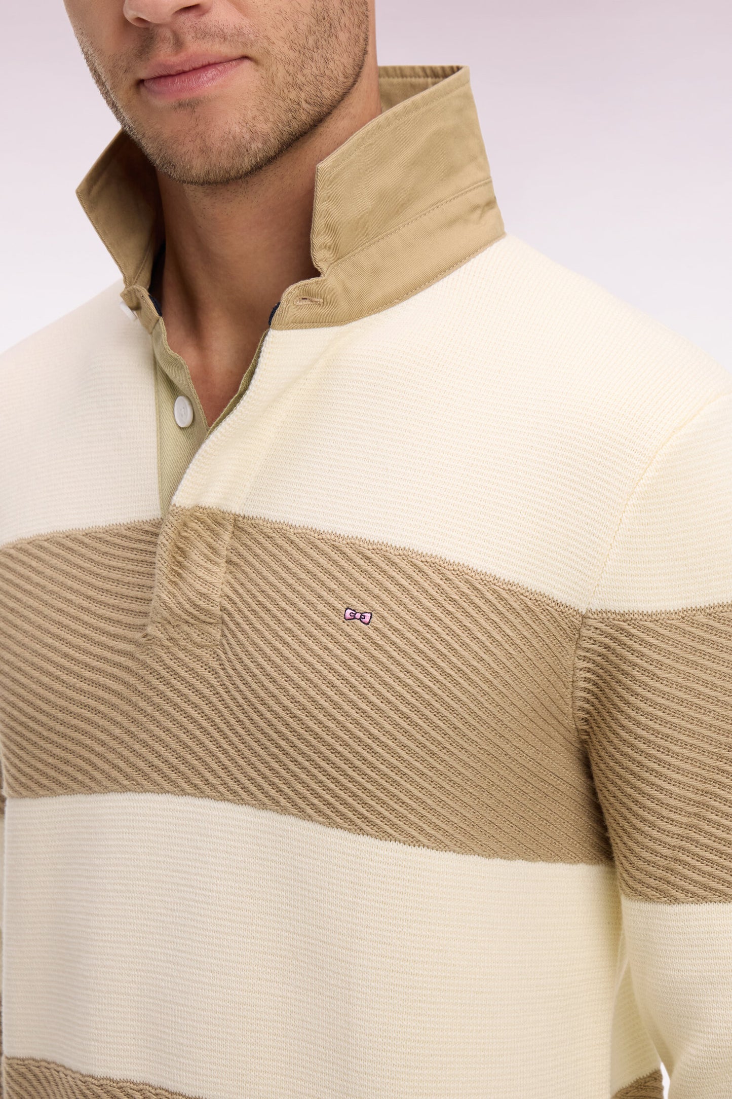 Striped jersey collar sweater in ecru and beige cotton
