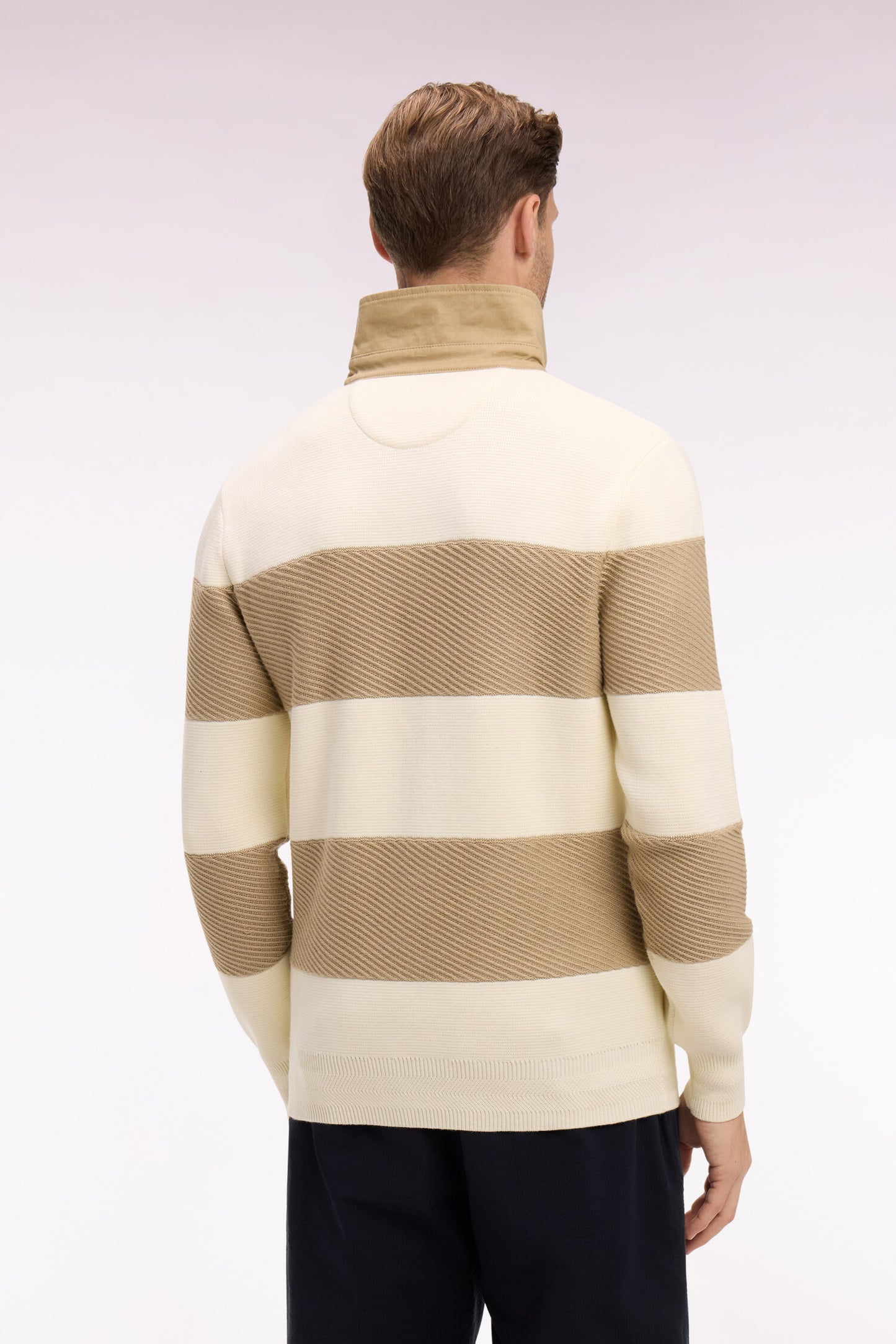 Striped jersey collar sweater in ecru and beige cotton