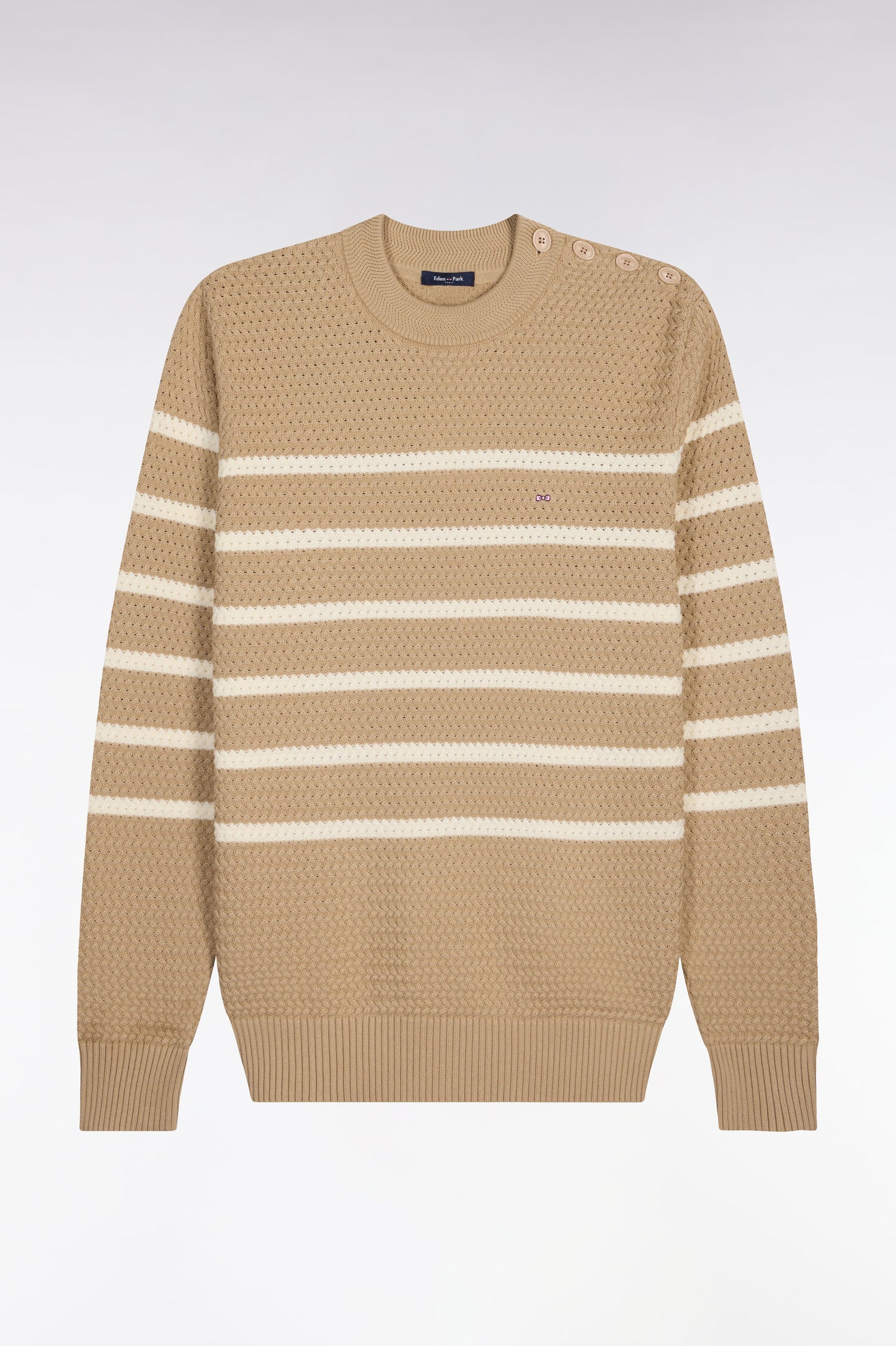Pull marin à épaule boutonnée en coton chevron beige