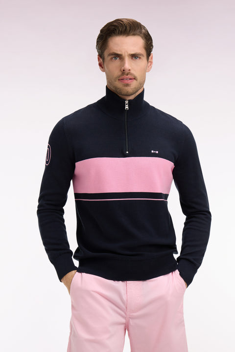 Pull col maillot en coton marine à rayure rugby rose - Image 3