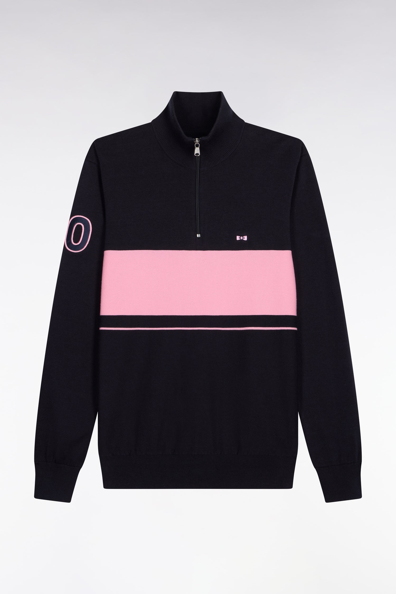 Pull col maillot en coton marine à rayure rugby rose