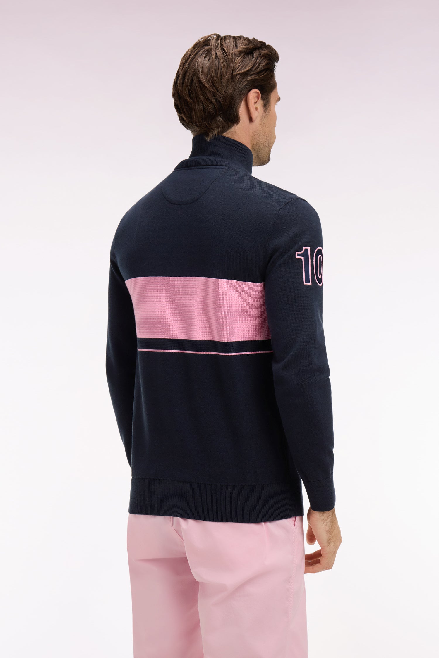 Pull col maillot en coton marine à rayure rugby rose