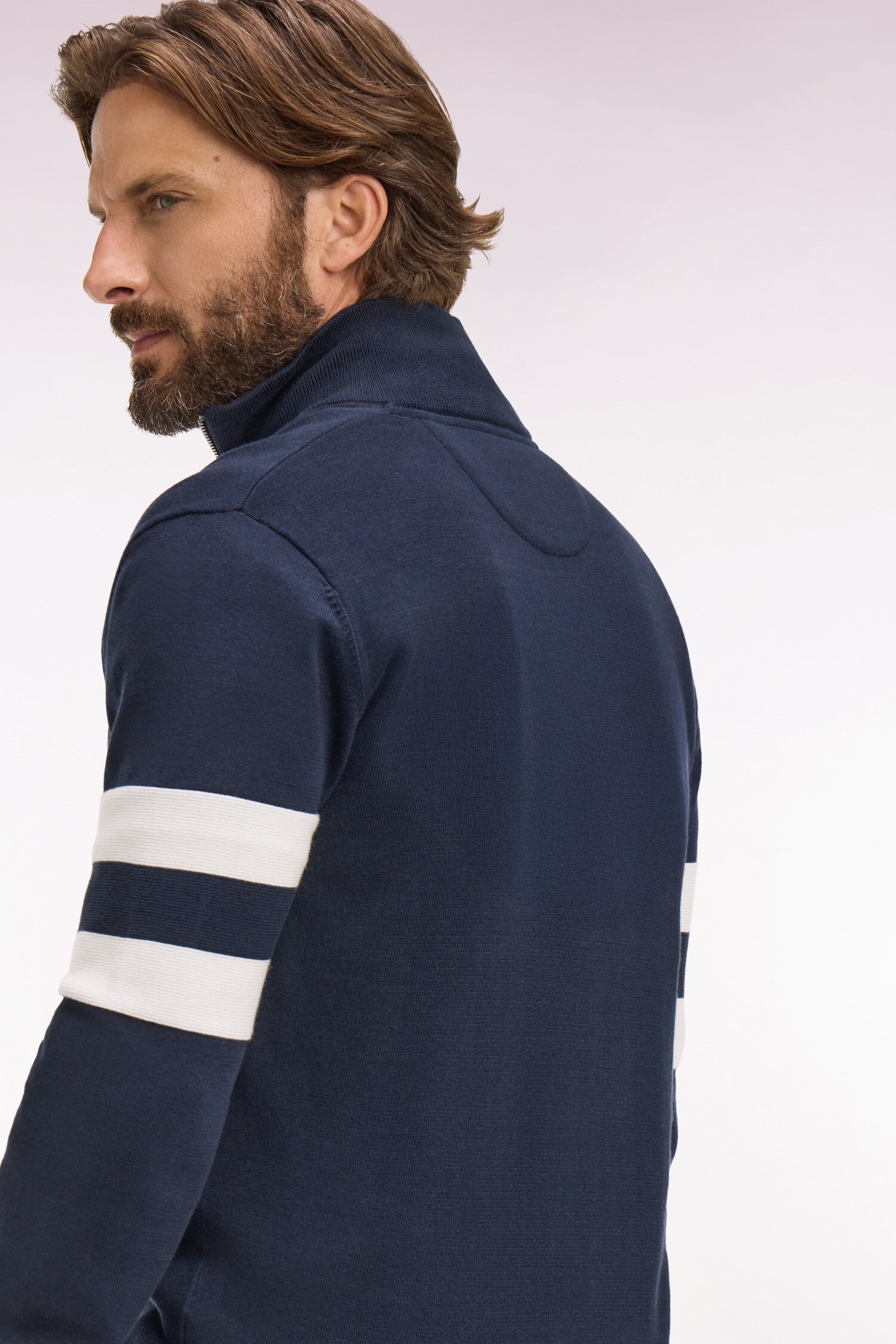 Pull col maillot en coton marine à double rayures manches
