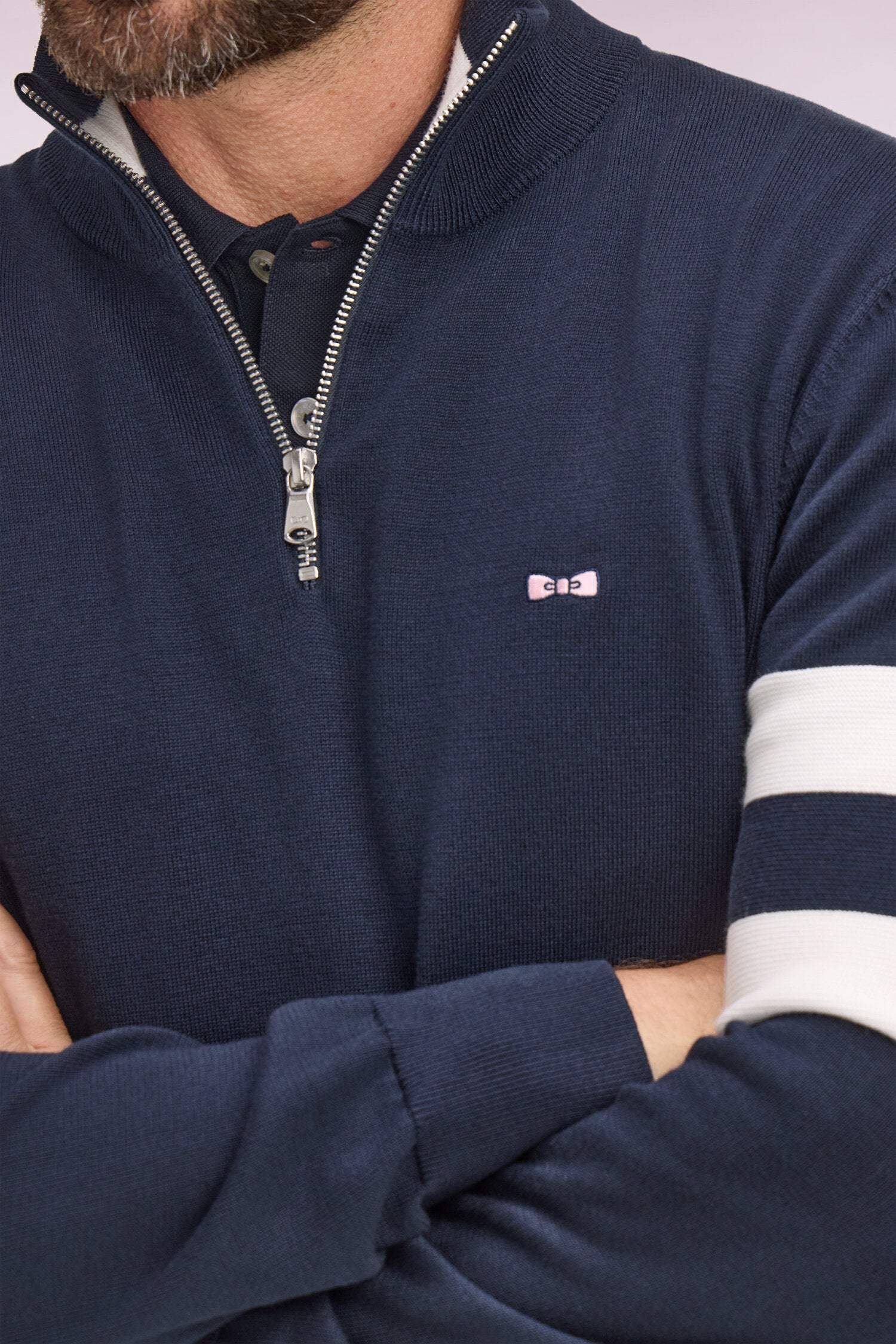 Pull col maillot en coton marine à double rayures manches
