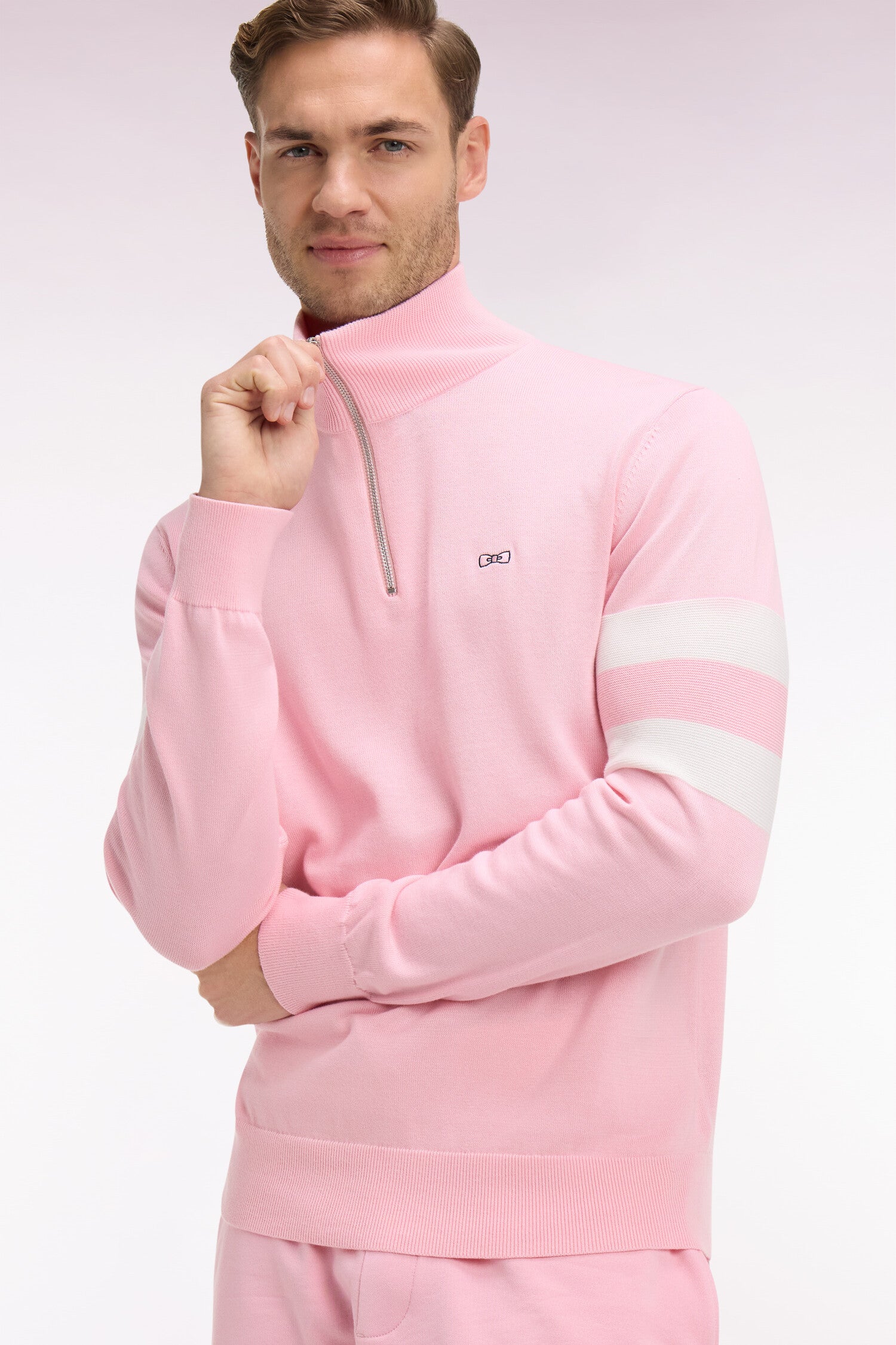 Pull col maillot en coton rose à double rayures manches