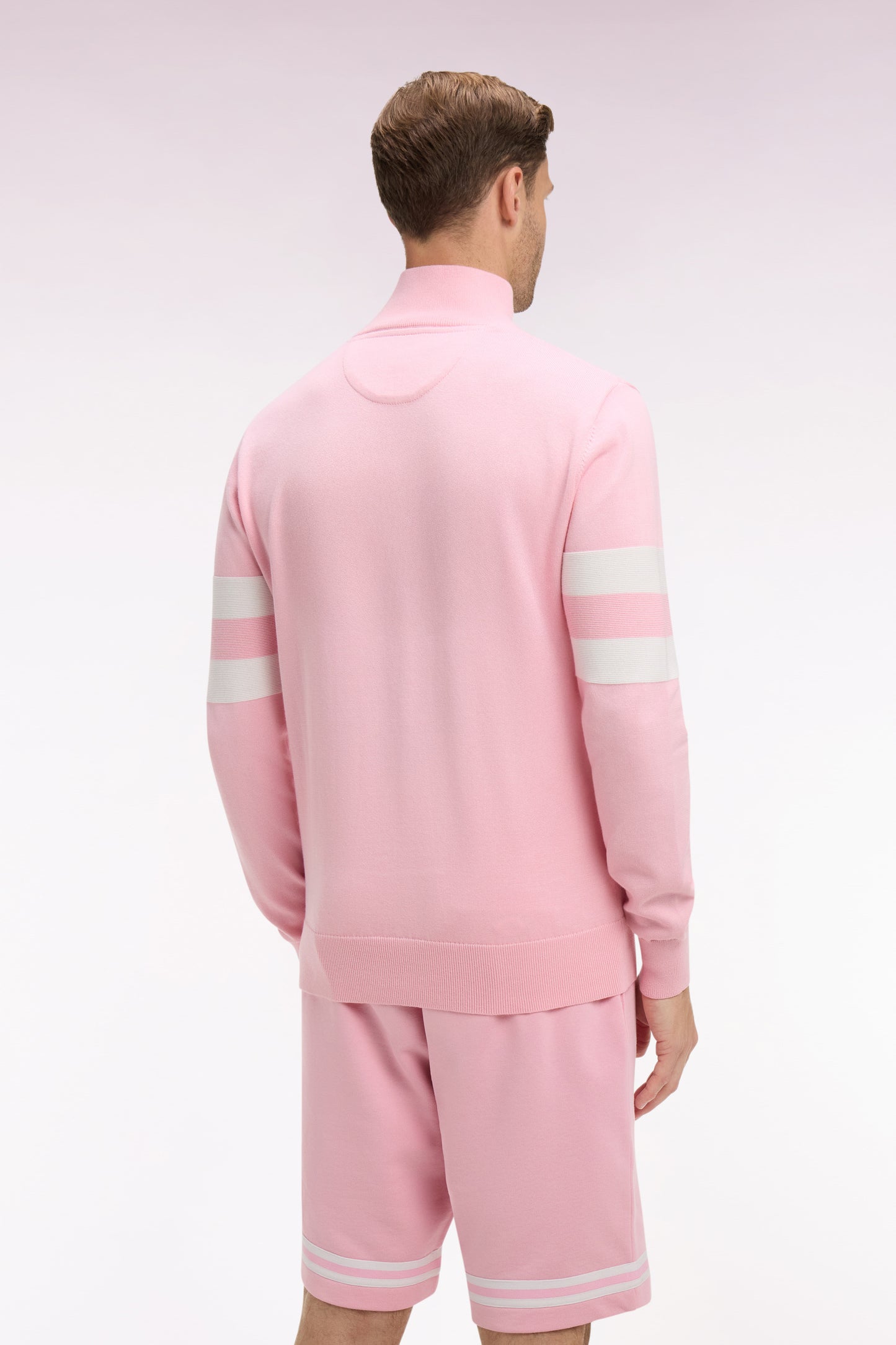 Pink cotton sweater with jersey collar and double striped sleeves