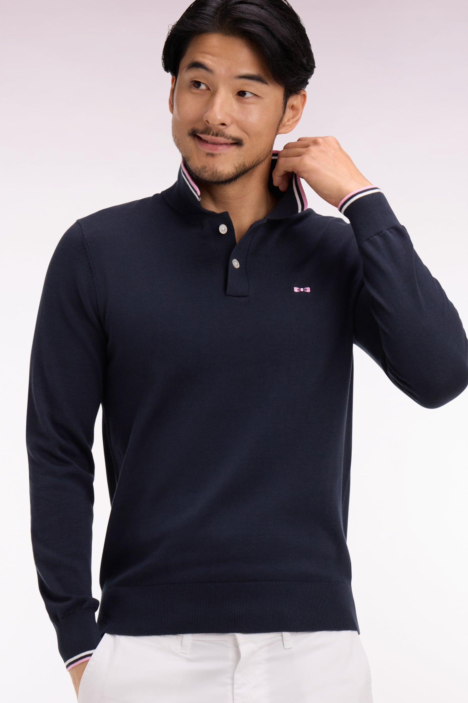 Pullover Polokragen aus Baumwolle Marineblau gestreift fein