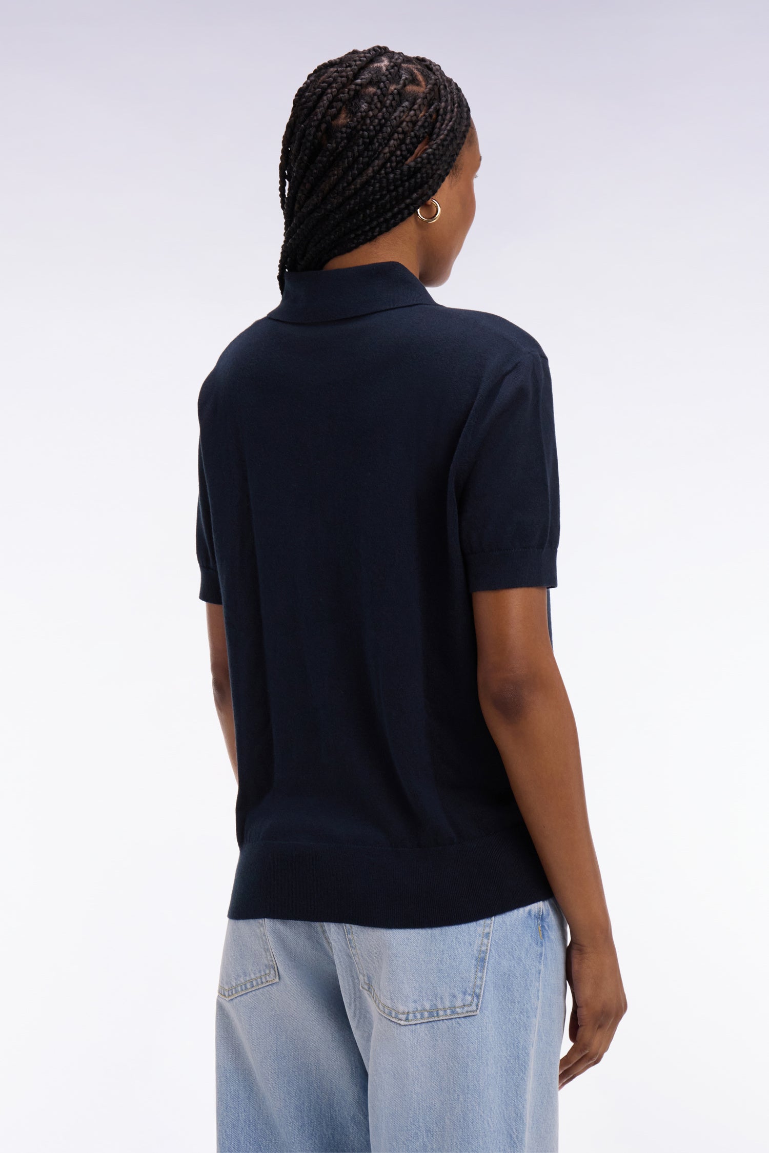Pull polo à manches courtes en coton et soie mélangés marine coupe regular