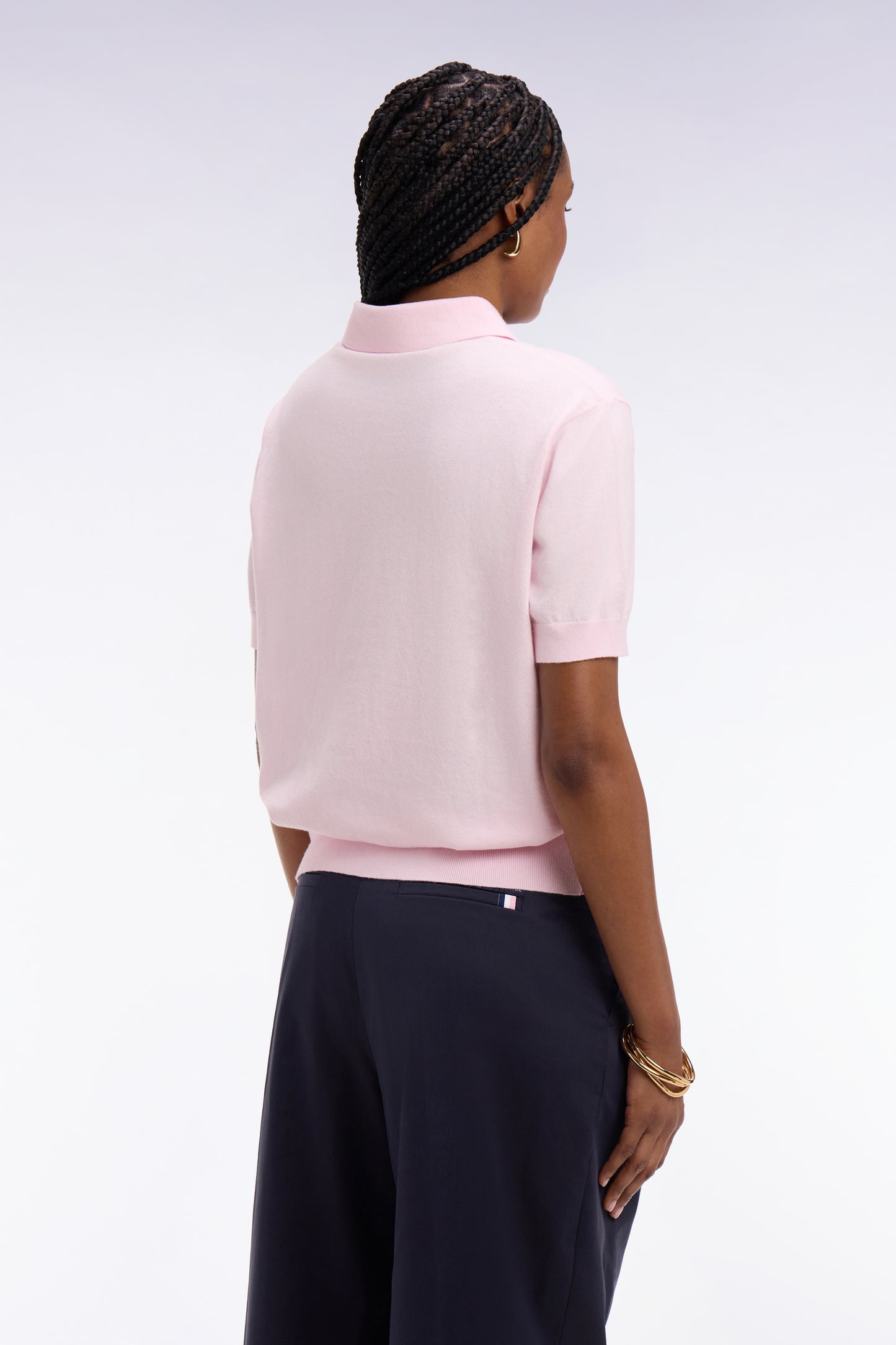 Pull polo à manches courtes en coton et soie mélangés rose coupe regular