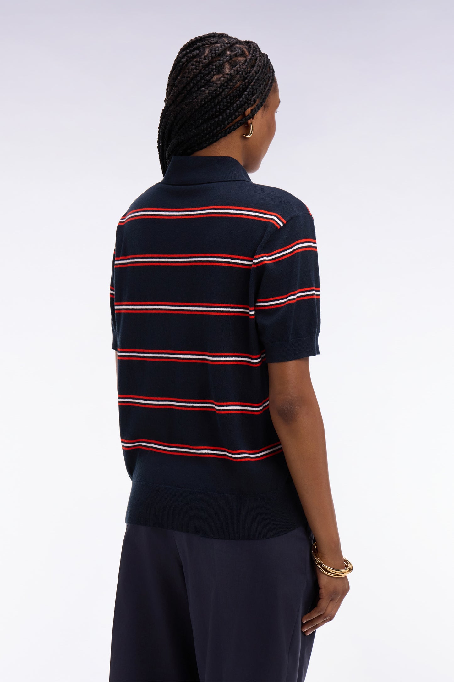 Pull à manches courtes rayé en coton et soie mélangés marine coupe regular