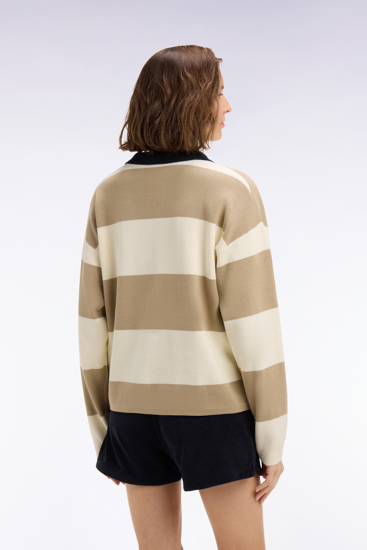 Pull col polo en coton rayé beige et écru coupe oversized