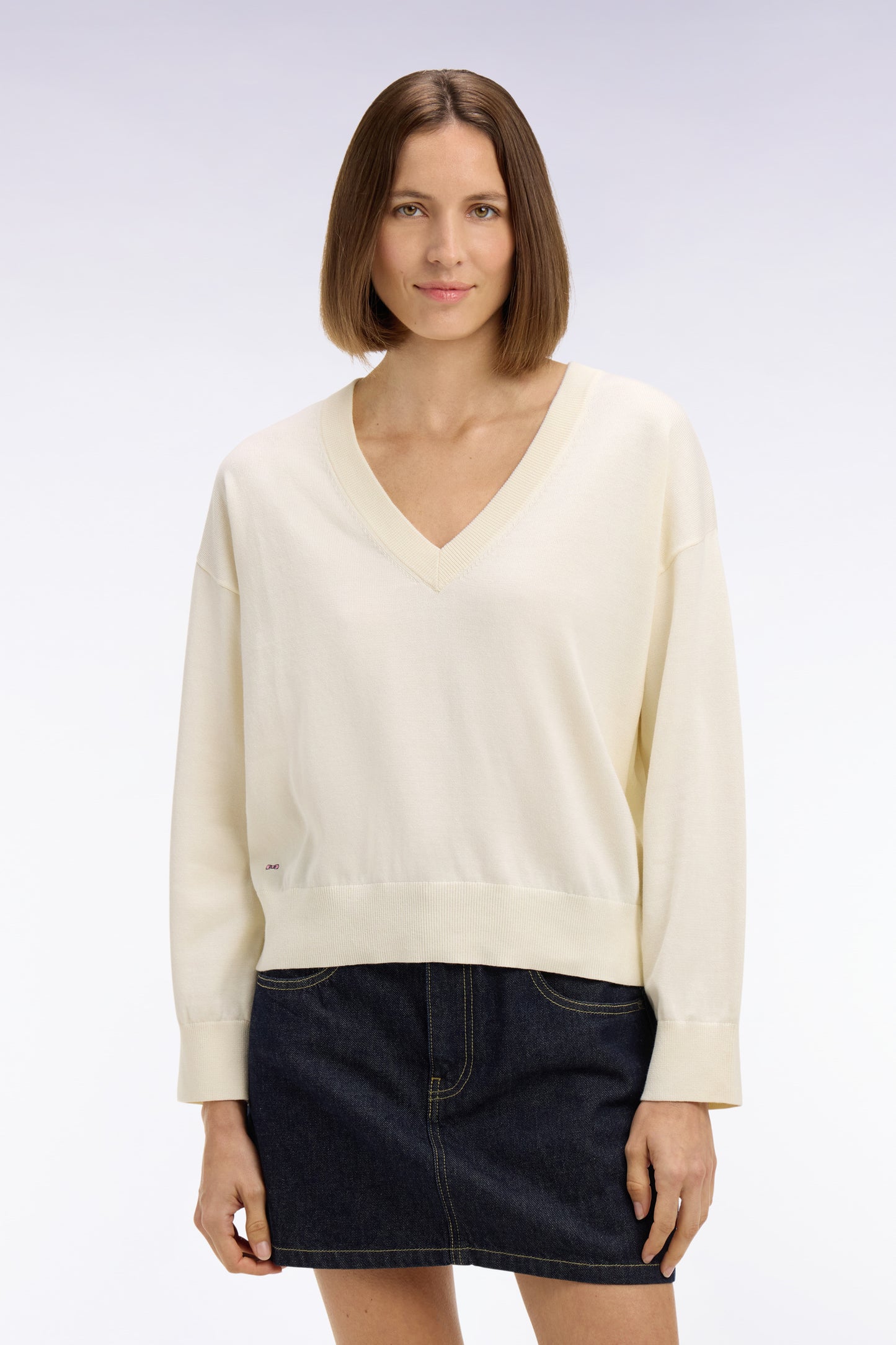 Pull-over à col V en coton écru coupe oversized