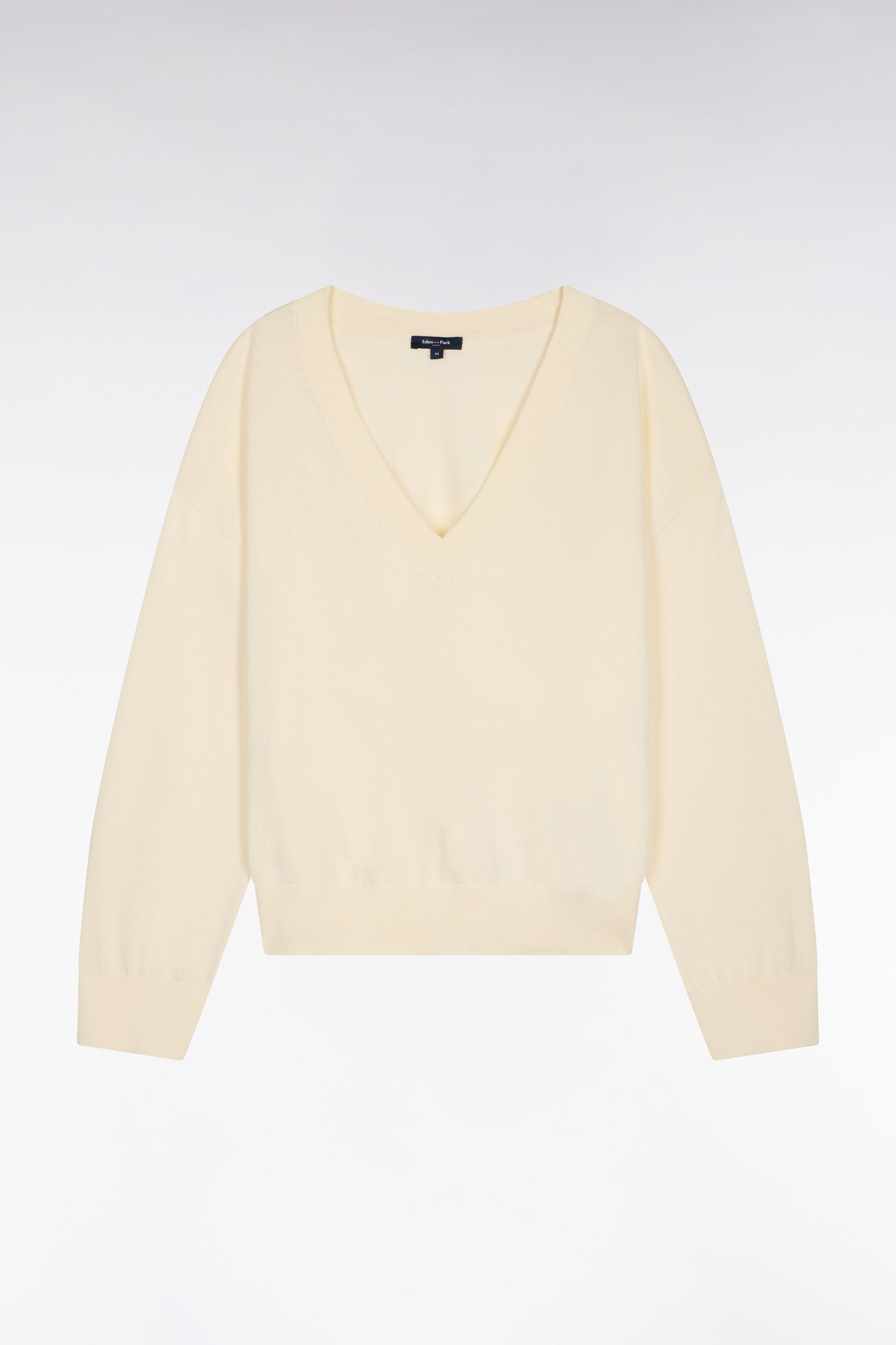 Pull-over à col V en coton écru coupe oversized
