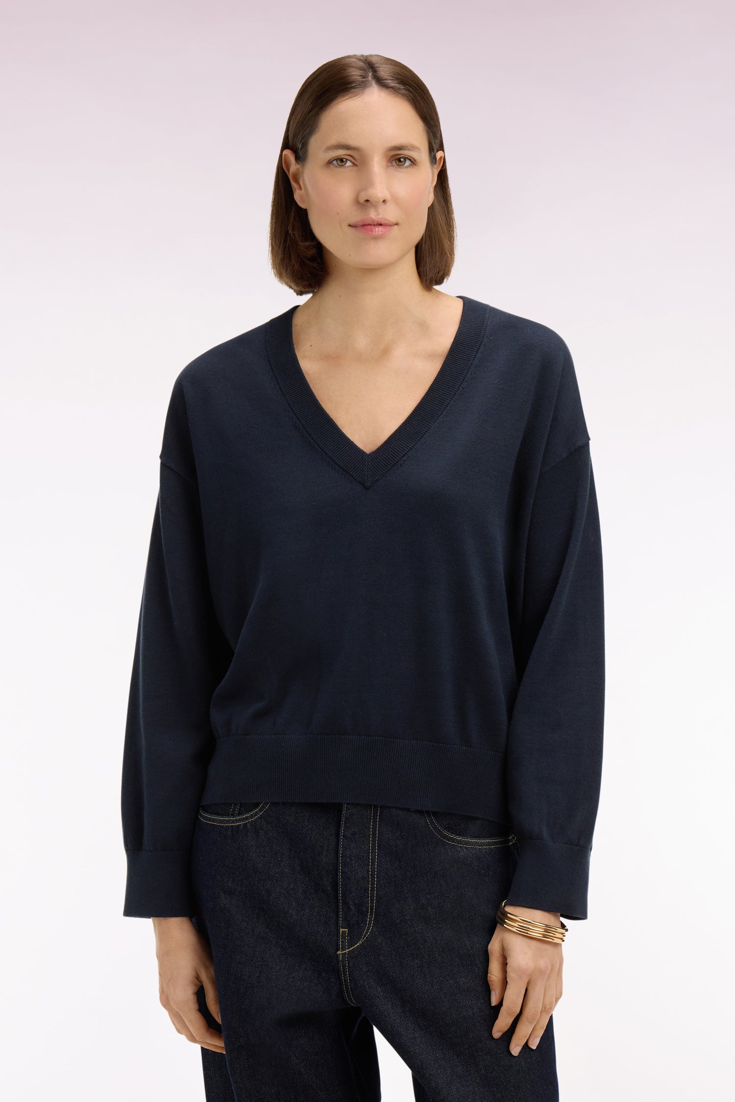 Pull-over à col V en coton marine coupe oversized
