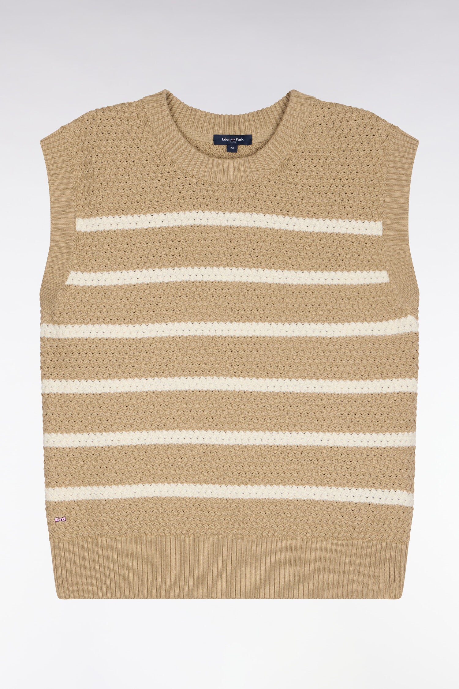 Pull marinière sans manche en coton tressé beige