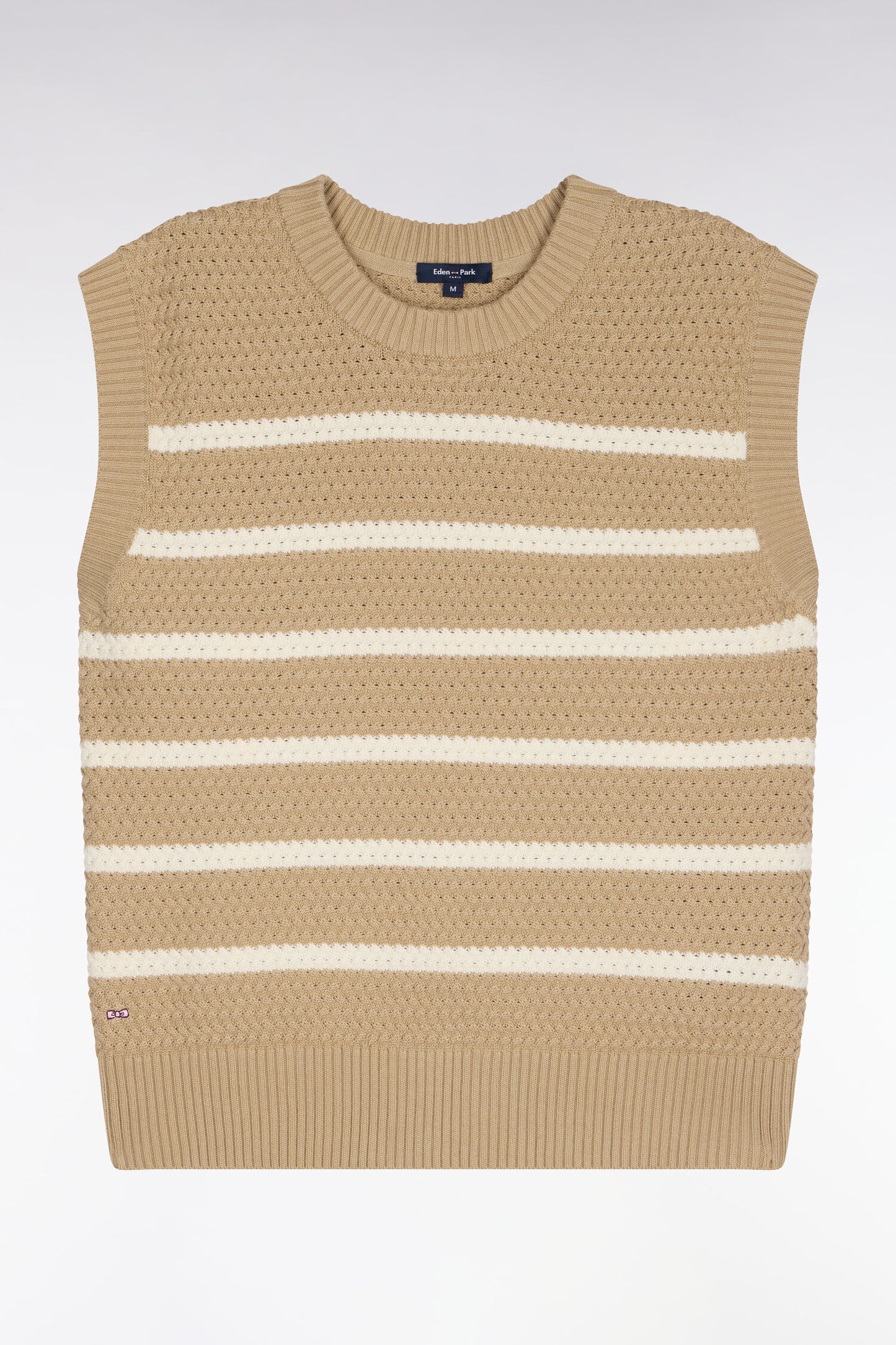 Pull marinière sans manche en coton tressé beige