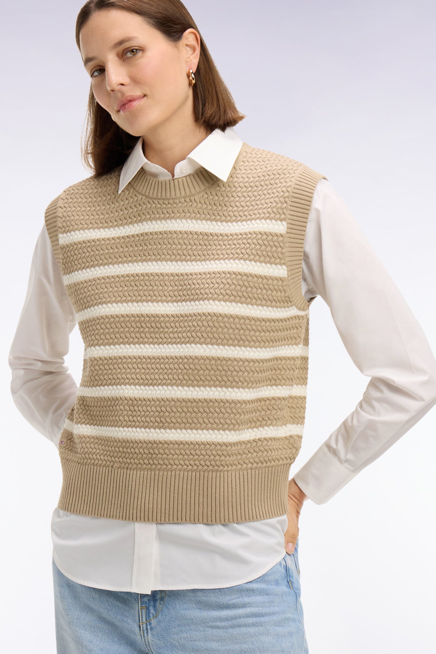 Pull marinière sans manche en coton tressé beige