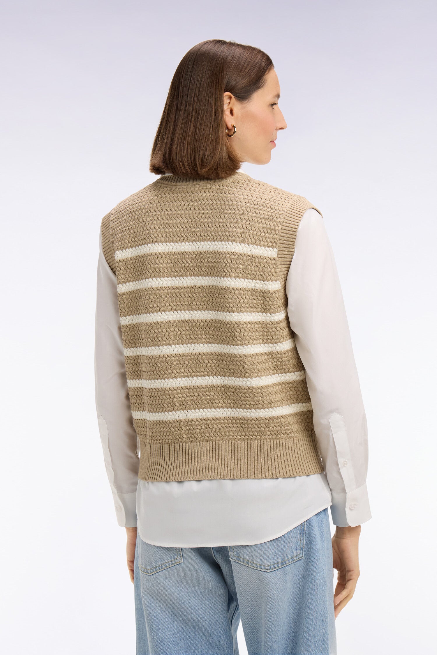 Pull marinière sans manche en coton tressé beige