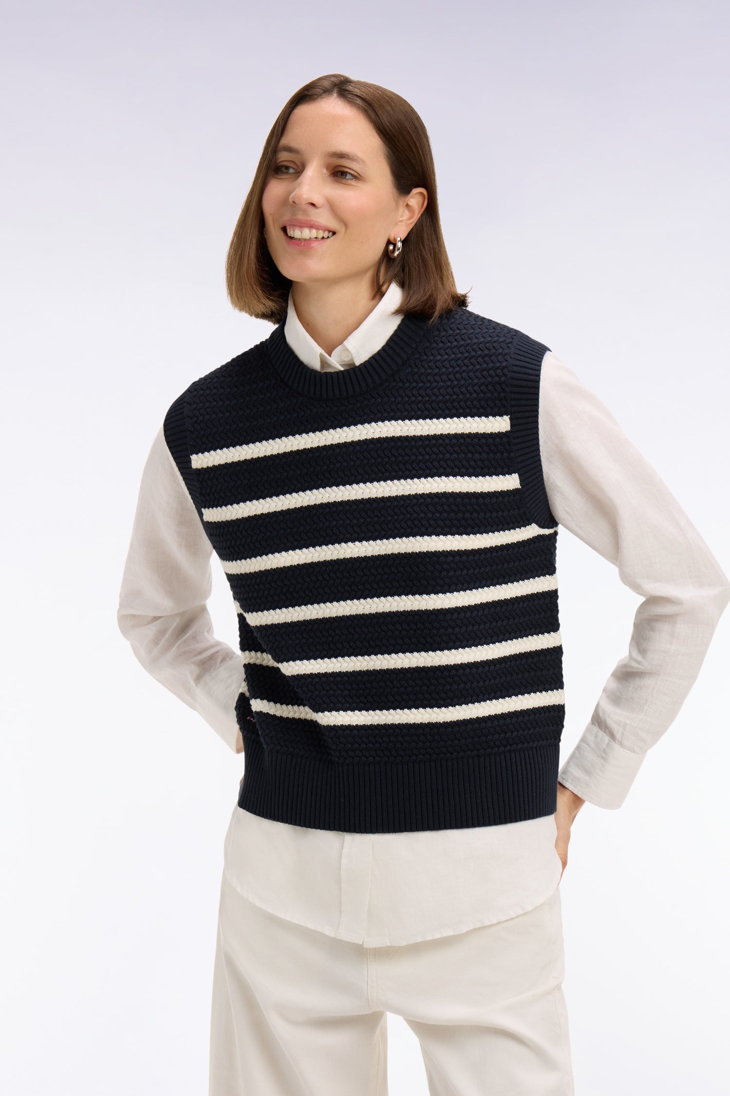 Pull marinière sans manche en coton tressé marine