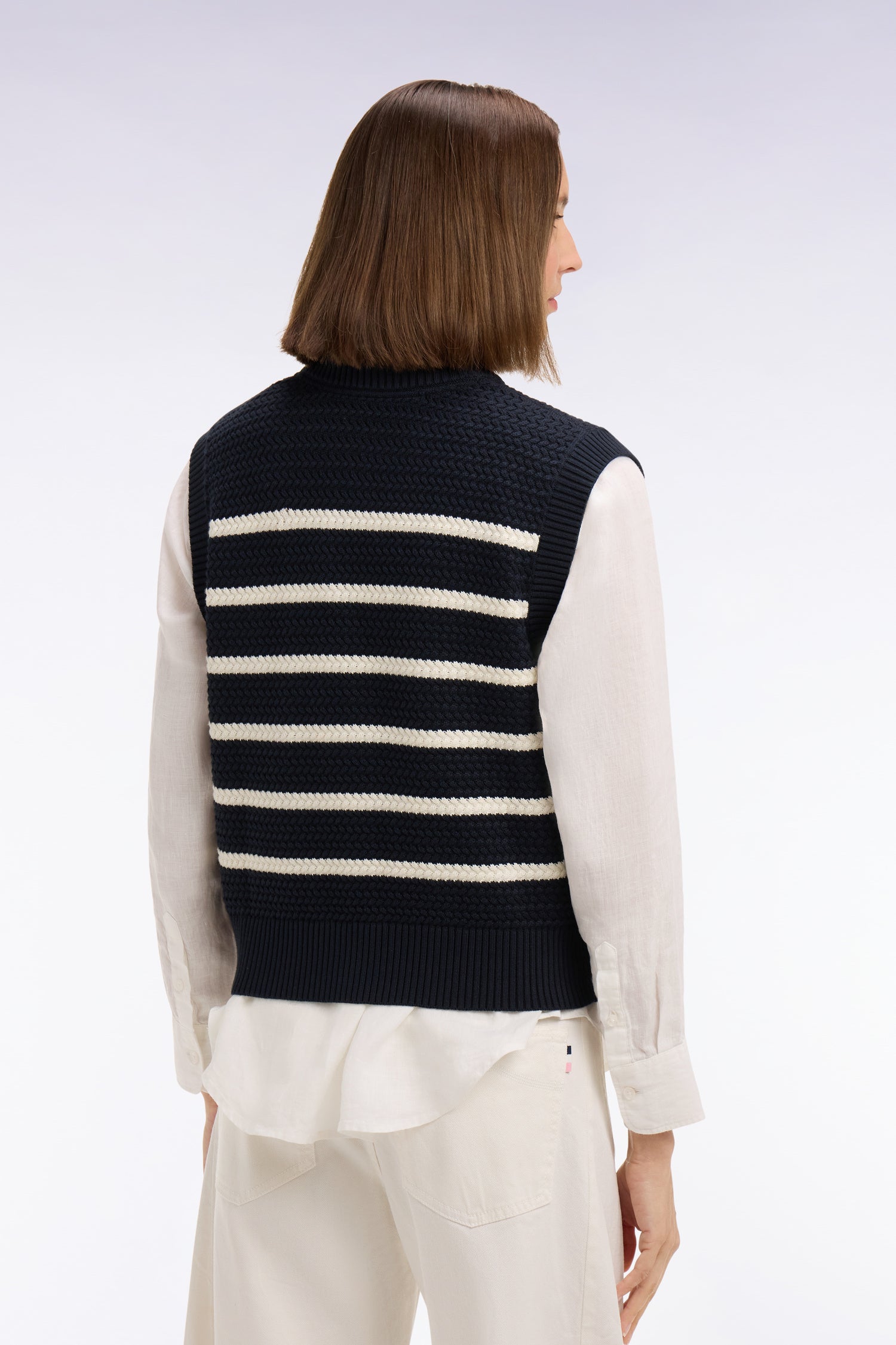 Pull marinière sans manche en coton tressé marine
