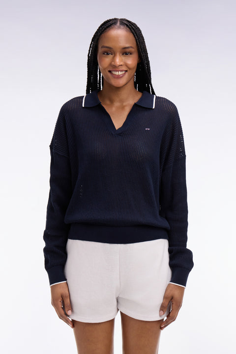Pull col polo en coton marine - Image 3