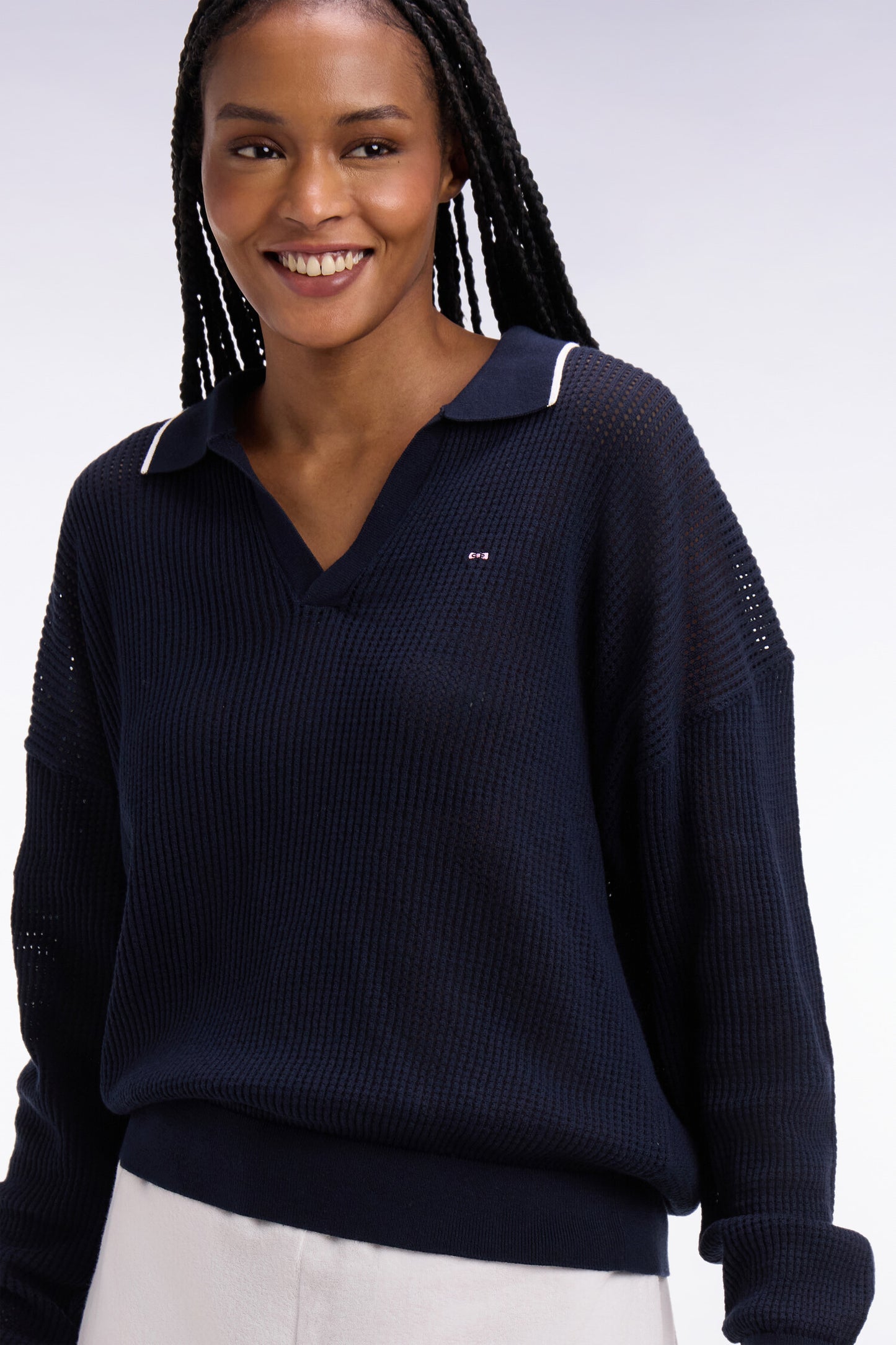 Pull col polo en coton marine