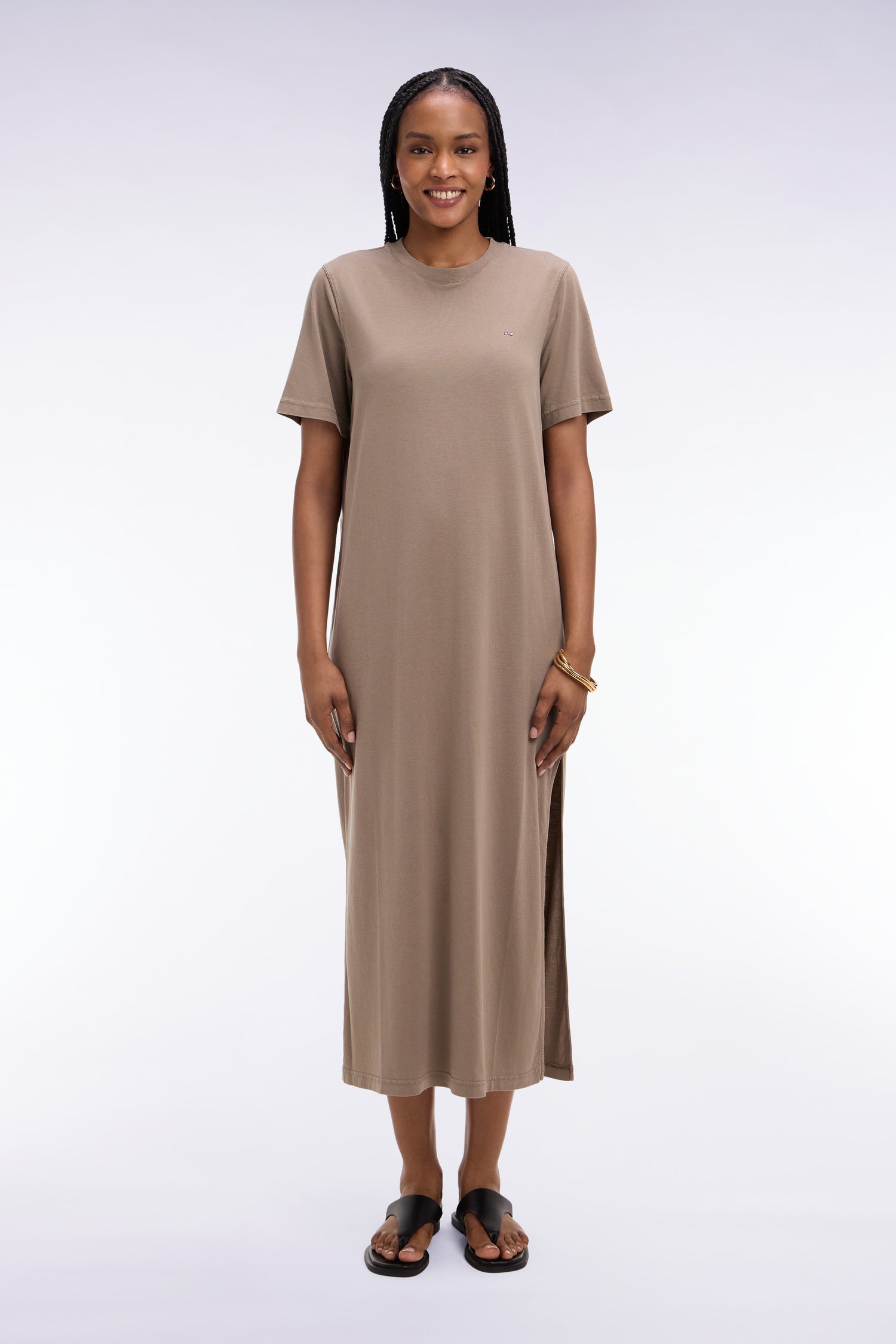 Robe T-shirt en lyocell et coton beige coupe droite