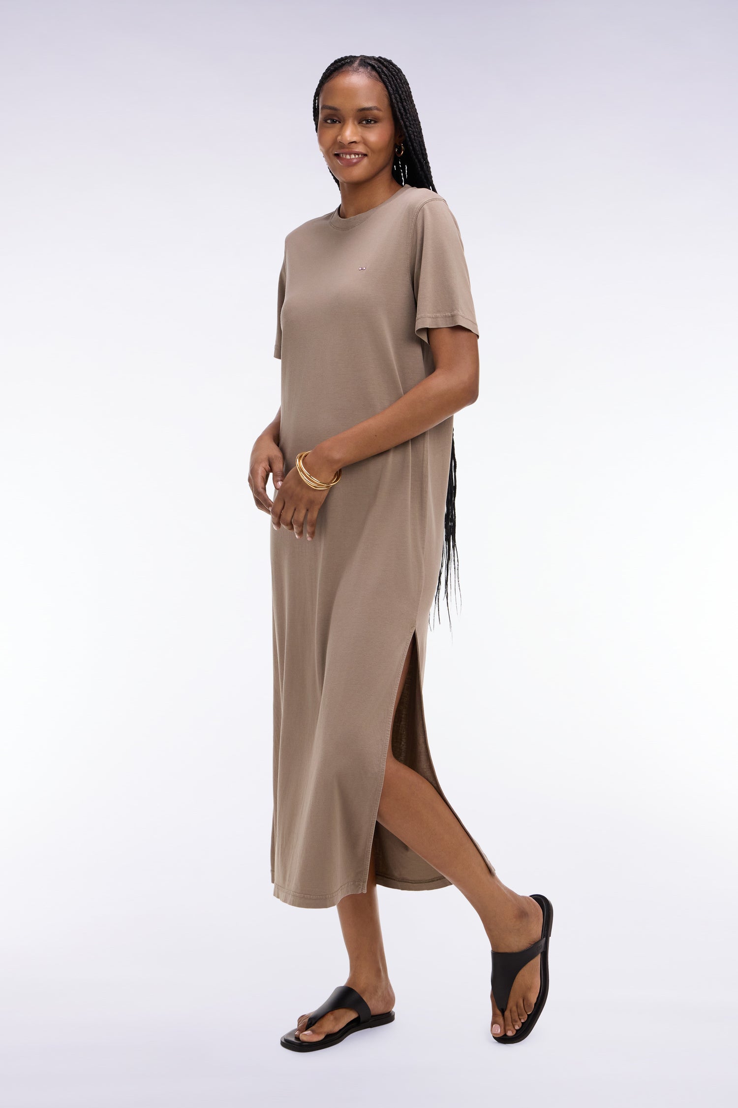 Robe T-shirt en lyocell et coton beige coupe droite
