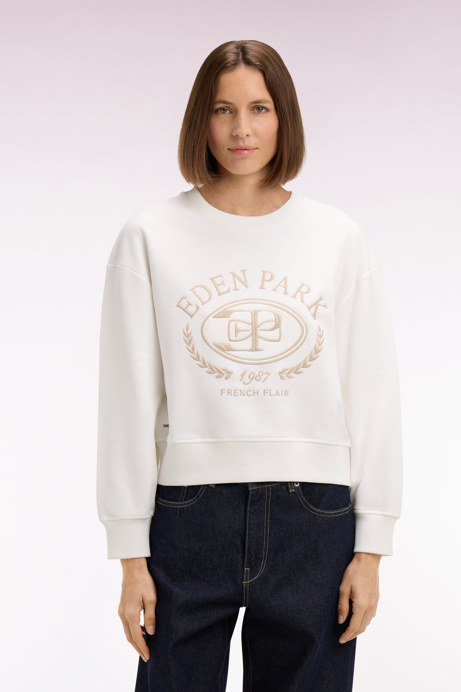 Sweatshirt en coton écru brodé coupe relaxed