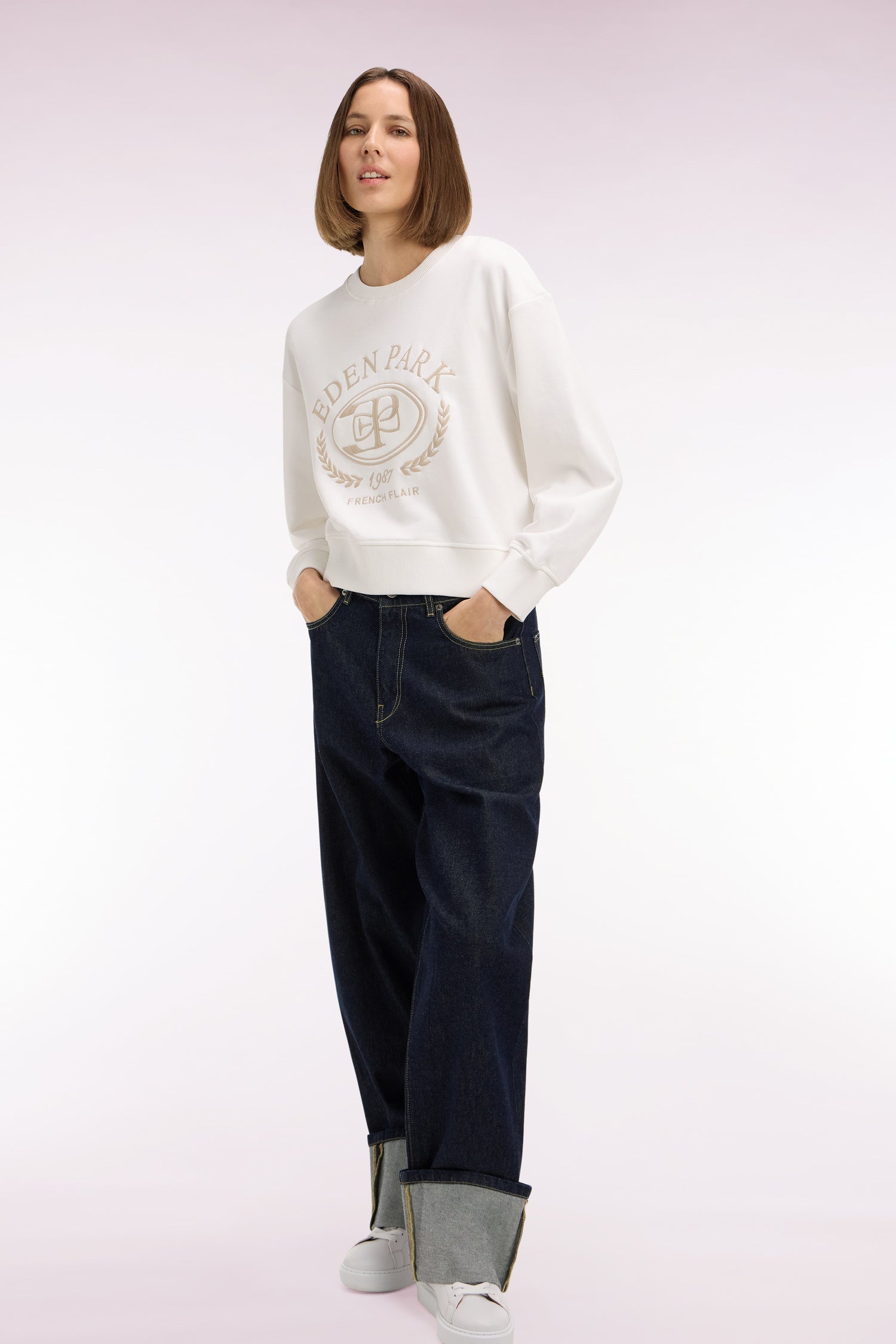 Sweatshirt en coton écru brodé coupe relaxed