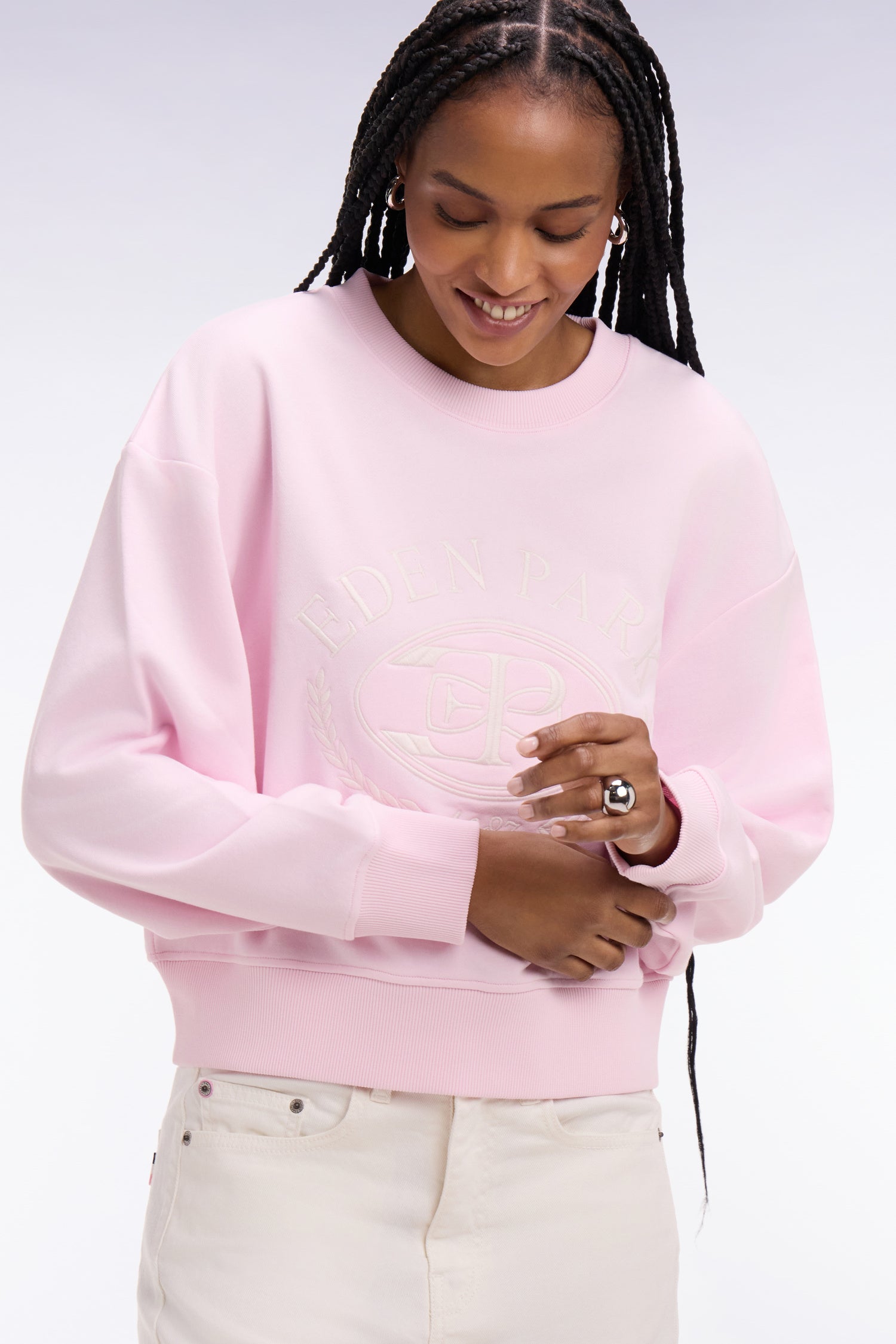 Sweatshirt en coton rose brodé coupe relaxed