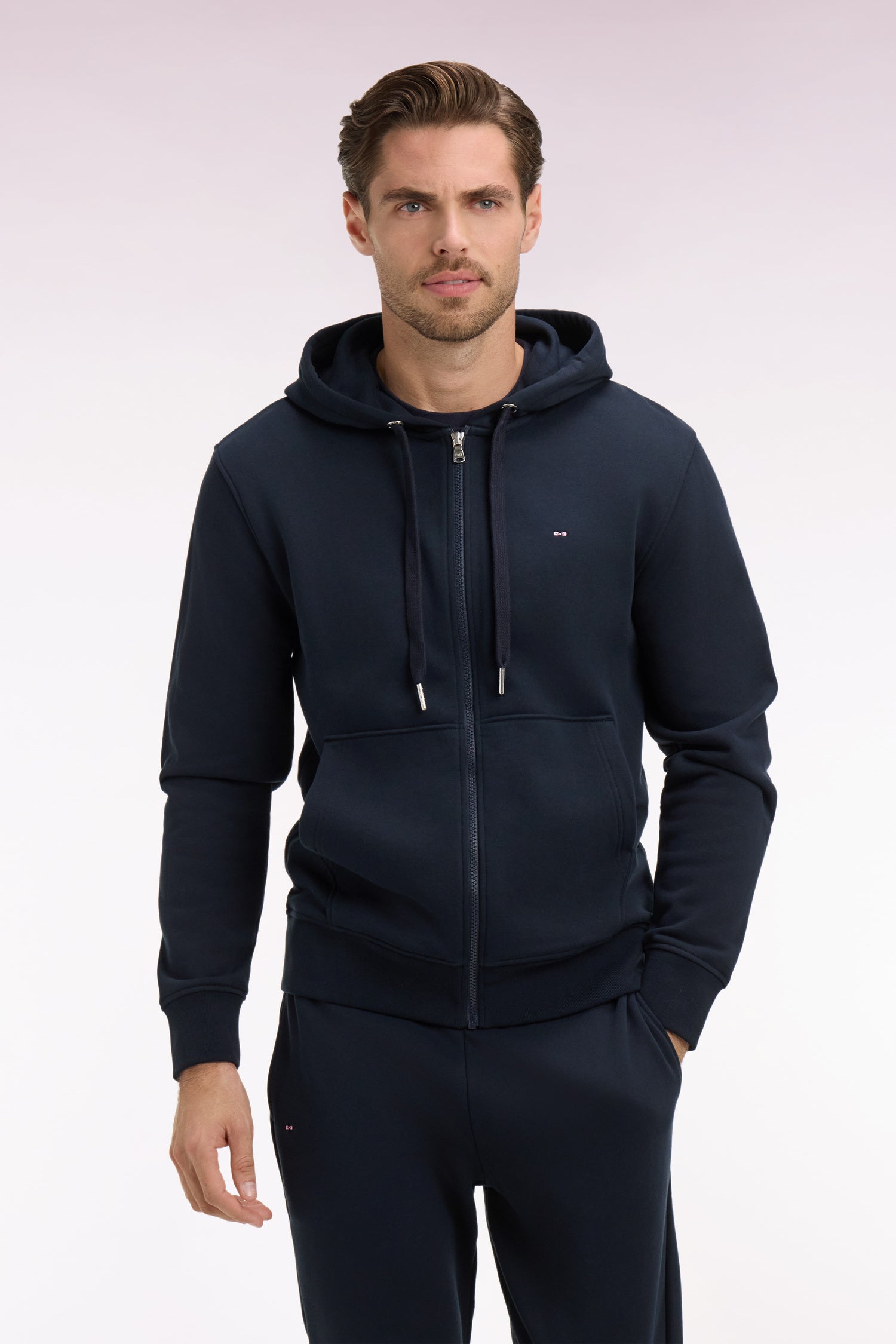 Sweatshirt zippé à capuche en molleton coton marine