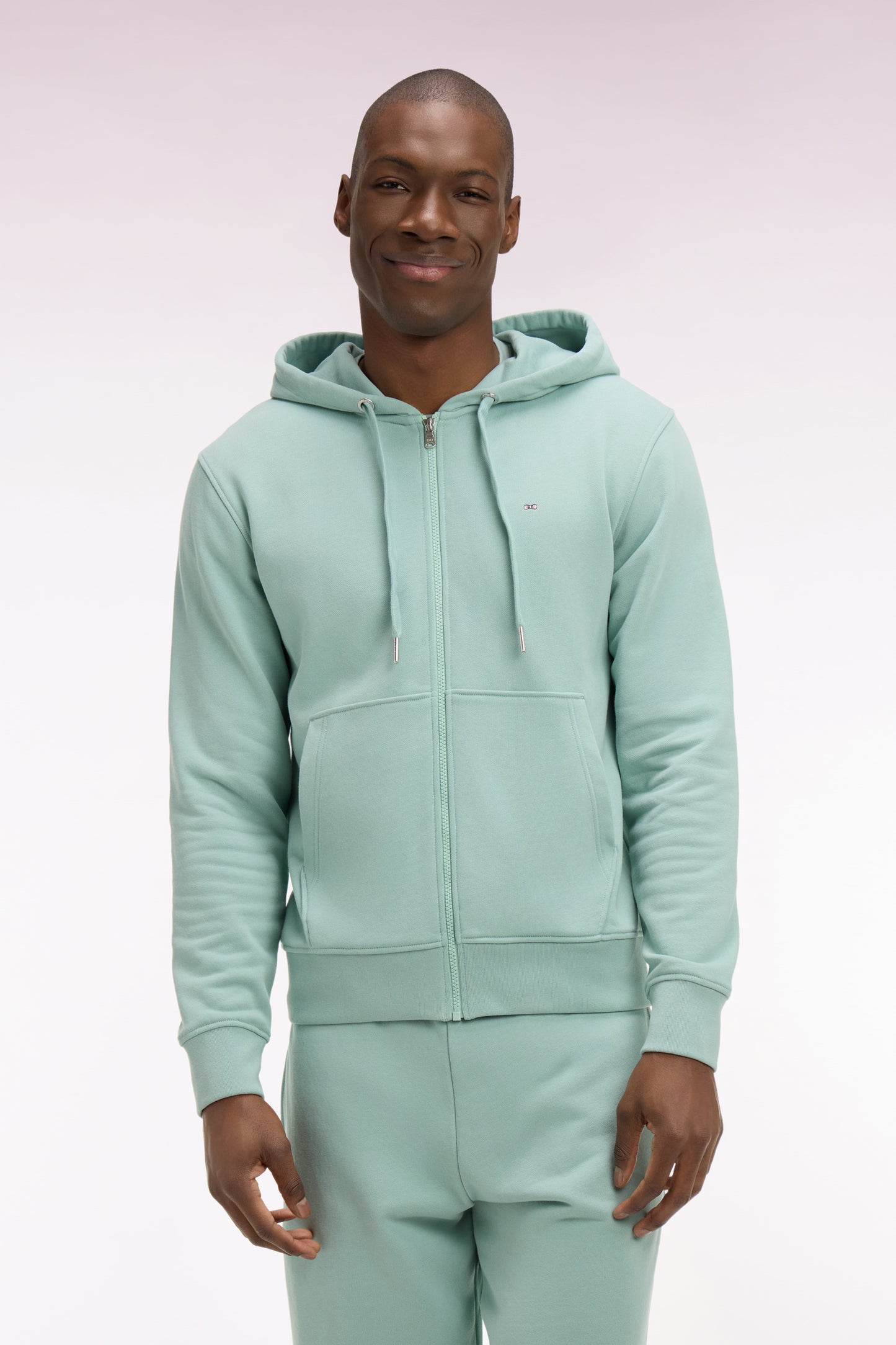 Sweatshirt zippé à capuche en molleton coton vert d'eau