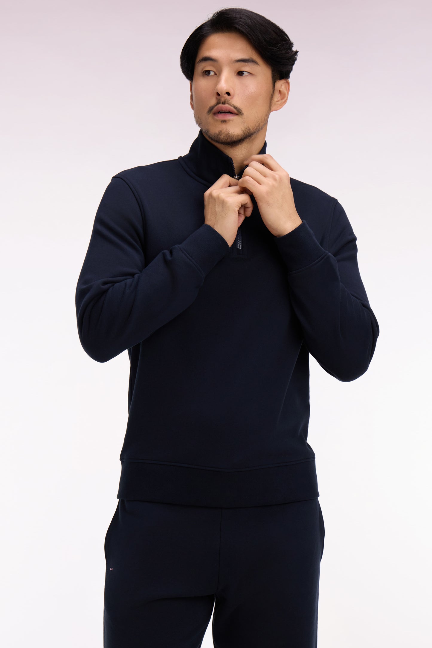 Navy cotton fleece trucker neck sweatshirt