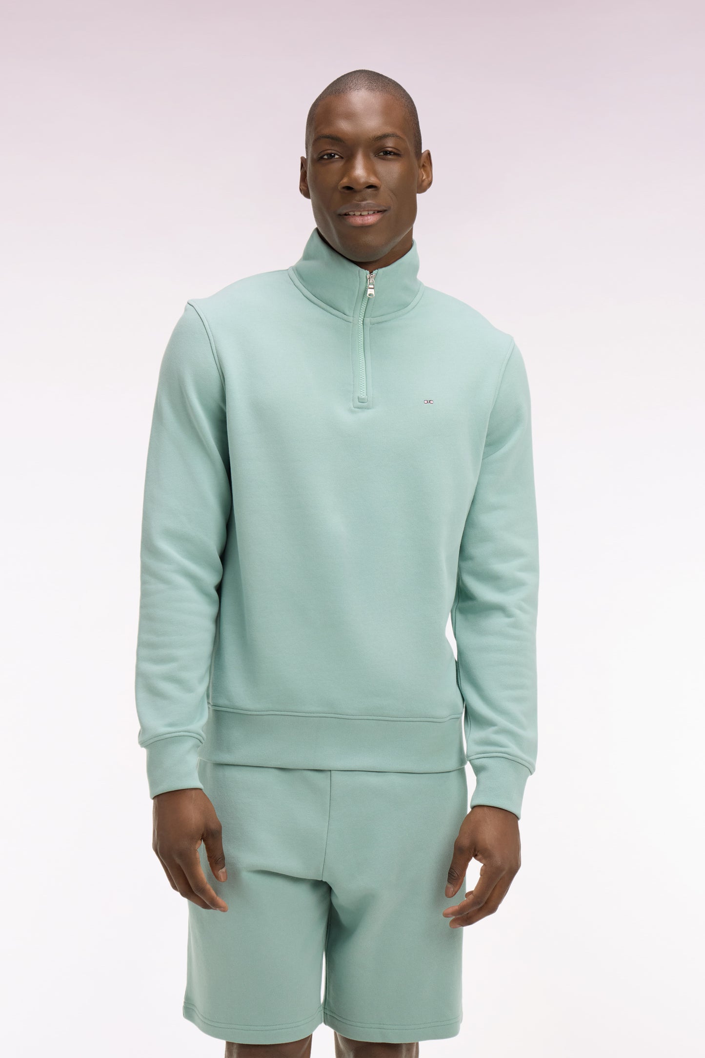Water green cotton fleece trucker neck sweatshirt
