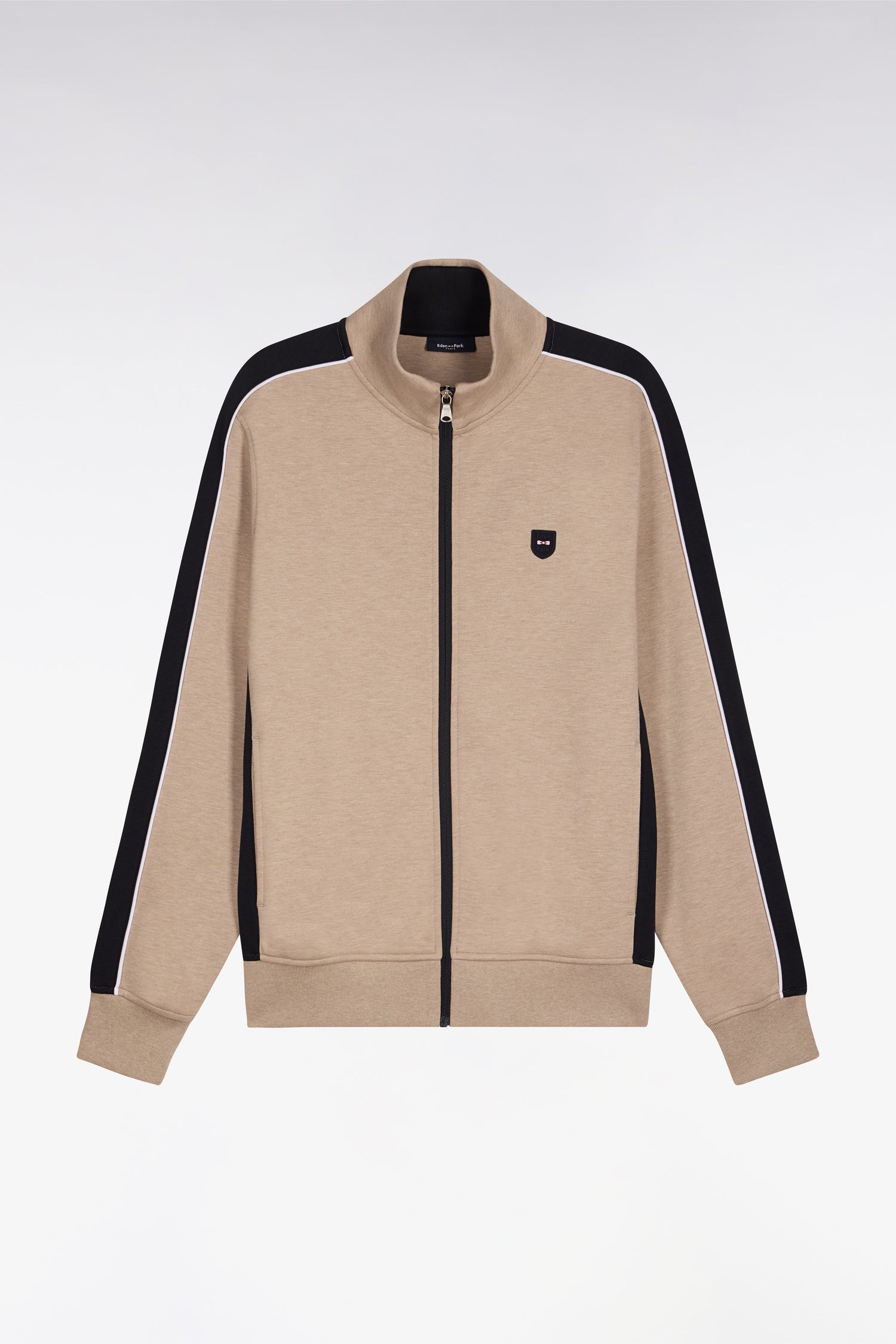 Sweatshirt zippé en interlock beige à découpes contrastées
