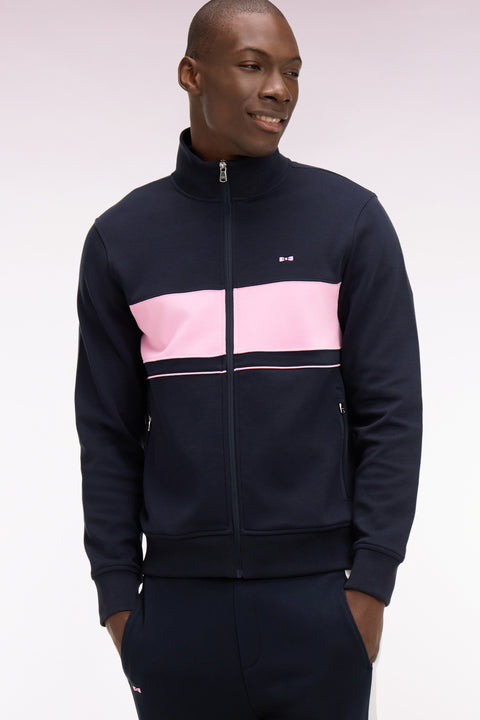 Sweatshirt zippé en molleton marine bande rose - Image 1