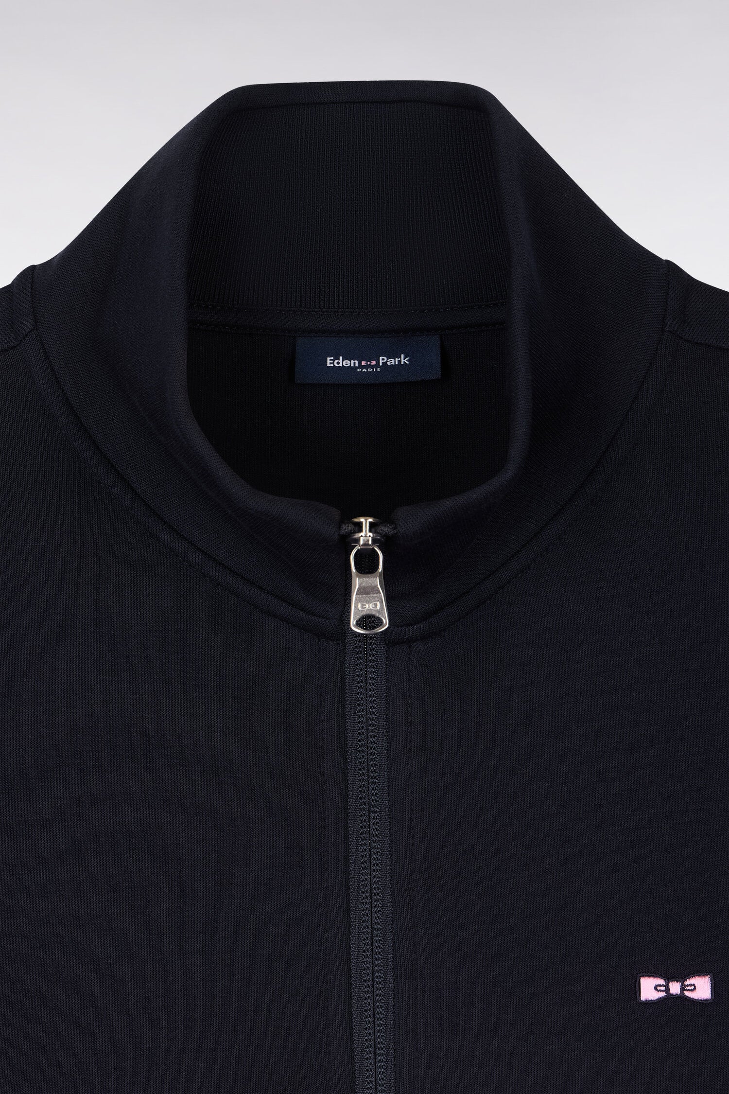 Sweatshirt zippé en molleton marine bande rose