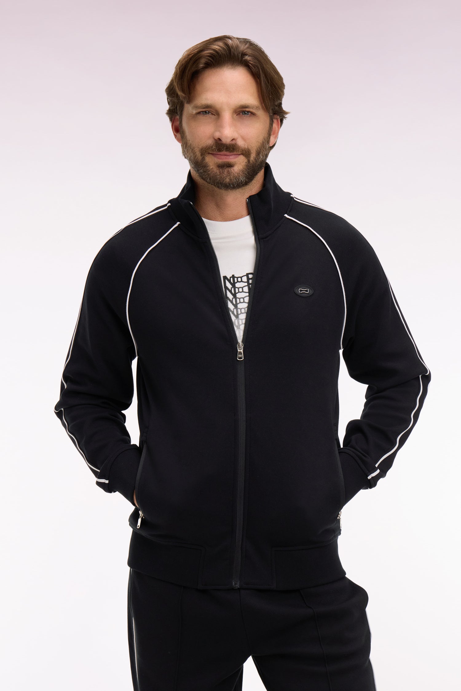 Sweatshirt zippé en interlock noir découpes ruban coupe regular