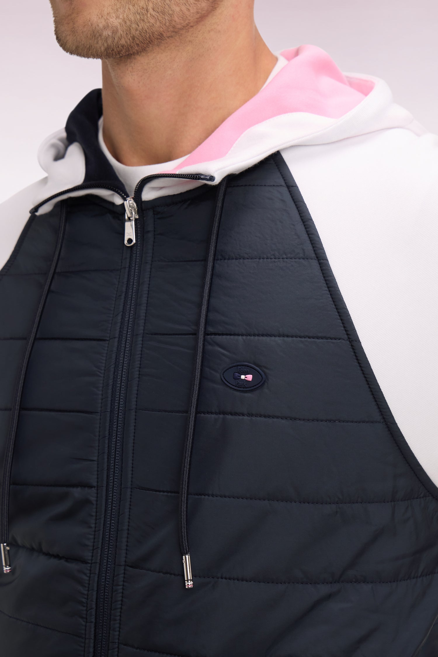 XV de France zipped hooded sweatshirt in white fleece with navy