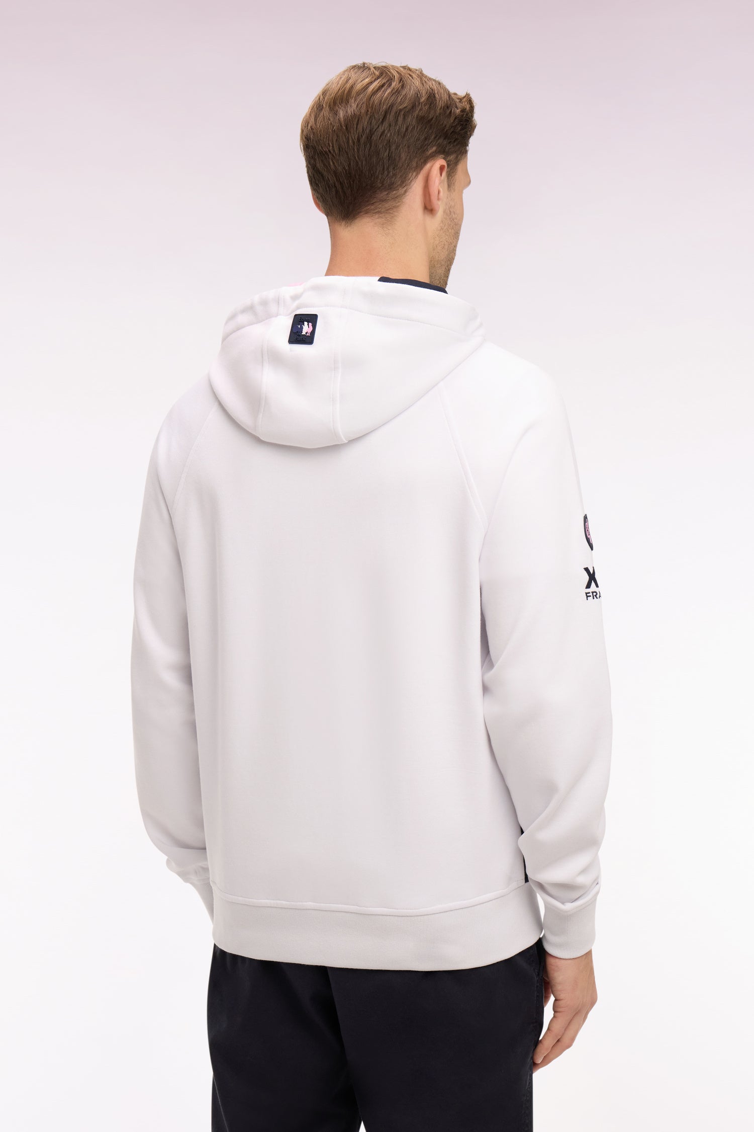 Sweatshirt zippé XV de France à capuche en molleton blanc à parmenture matelassée marine coupe regular