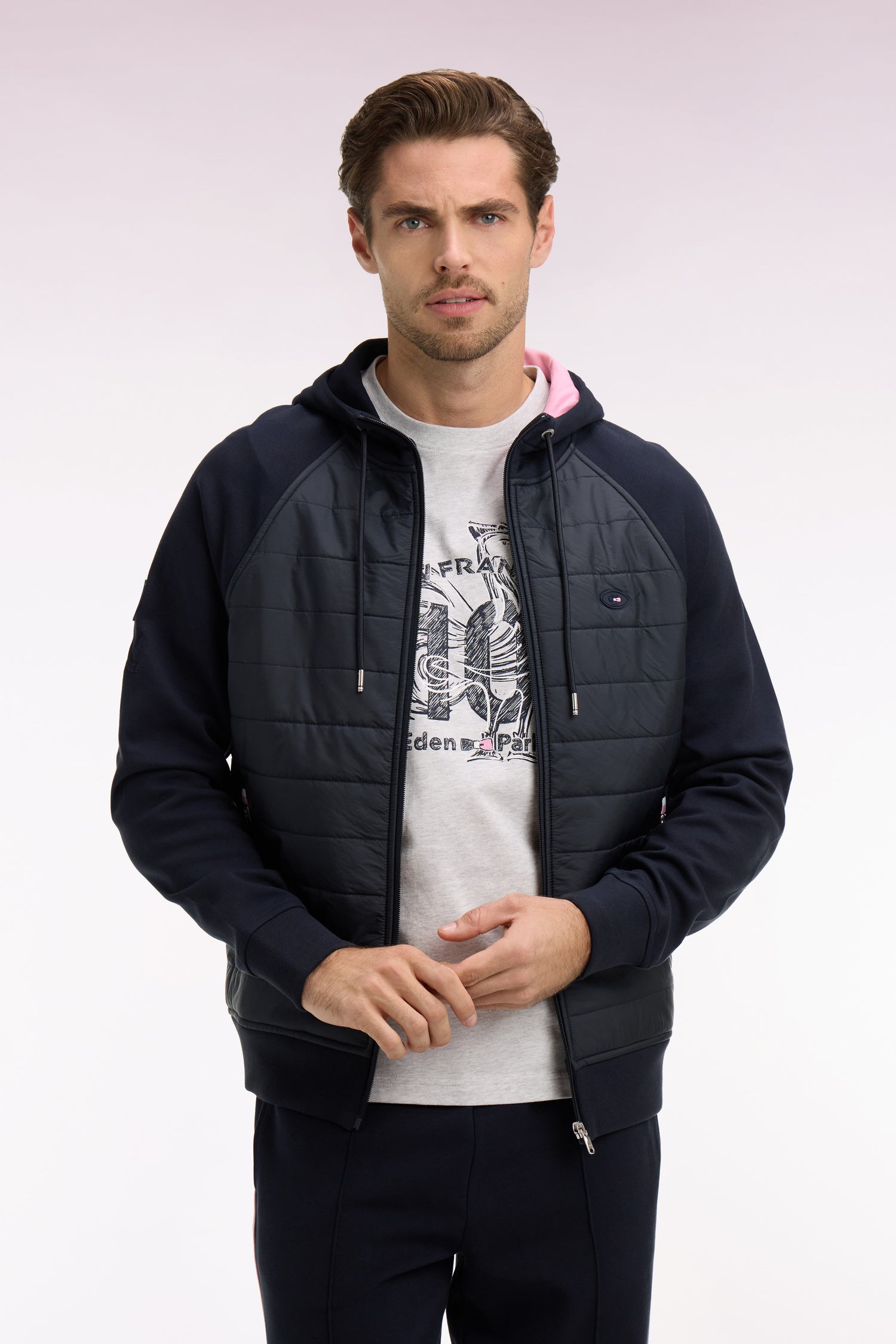 Sweatshirt zippé XV de France à capuche en molleton à parmenture matelassée marine coupe regular