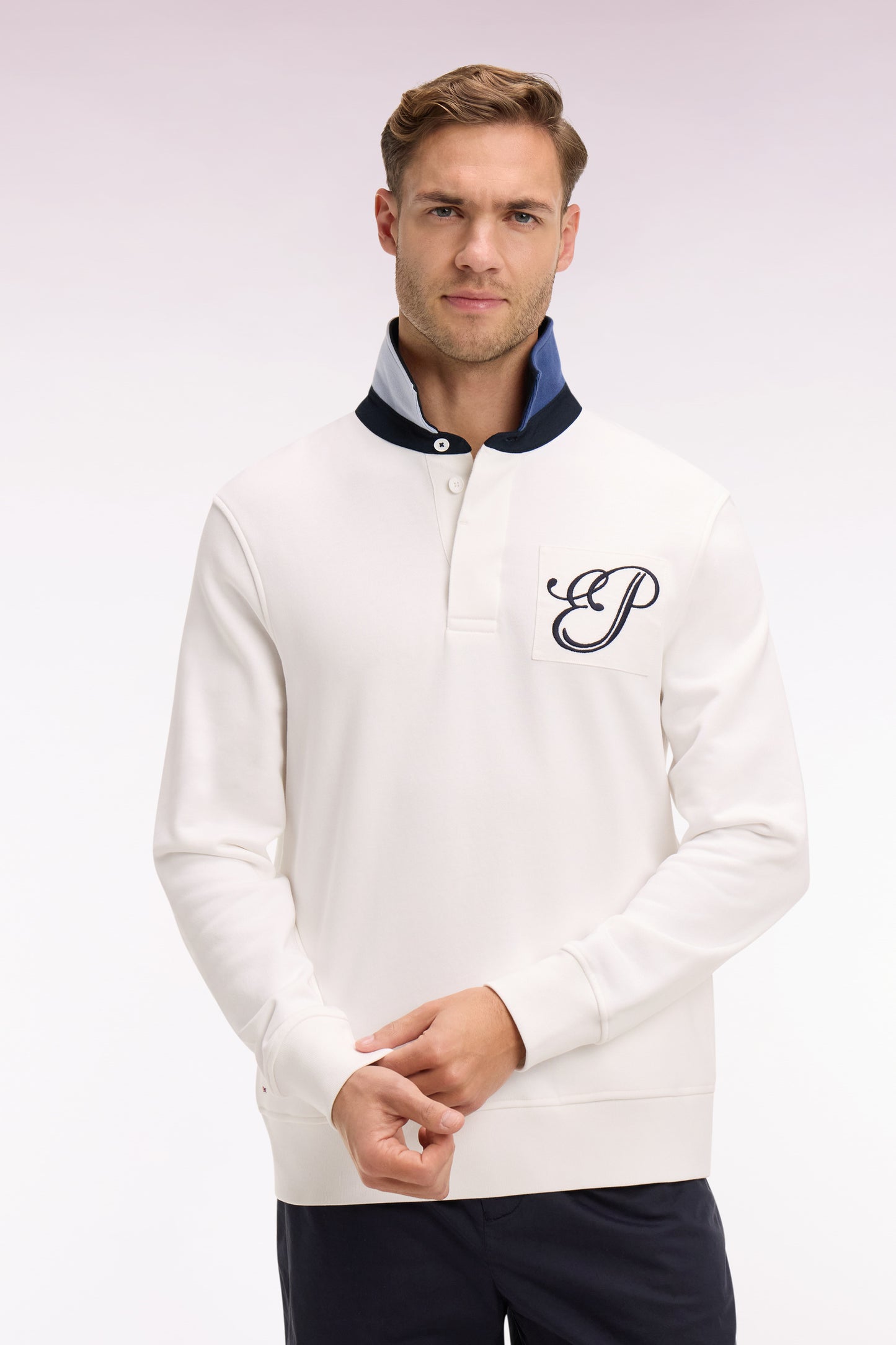 Regular fit jersey collar sweatshirt in embroidered ecru fleece