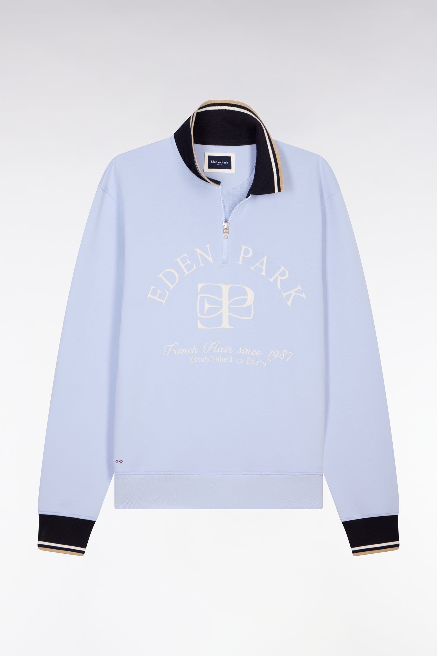 Sweatshirt à col zippé bleu clair brodé coupe regular