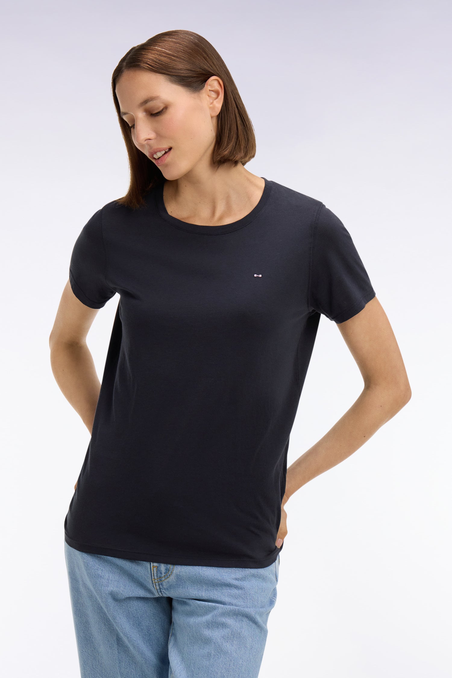 T-shirt à manches courtes en coton Pima marine col rond coupe regular