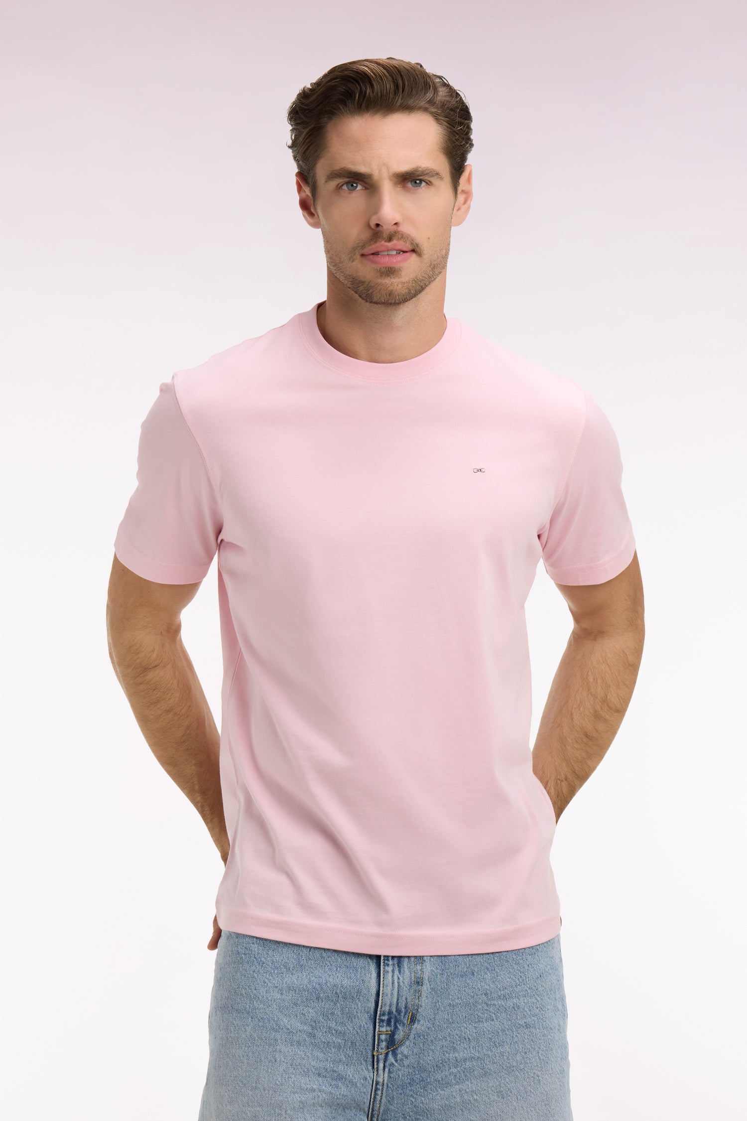 T-shirt à manches courtes en coton Pima rose brodé coupe regular