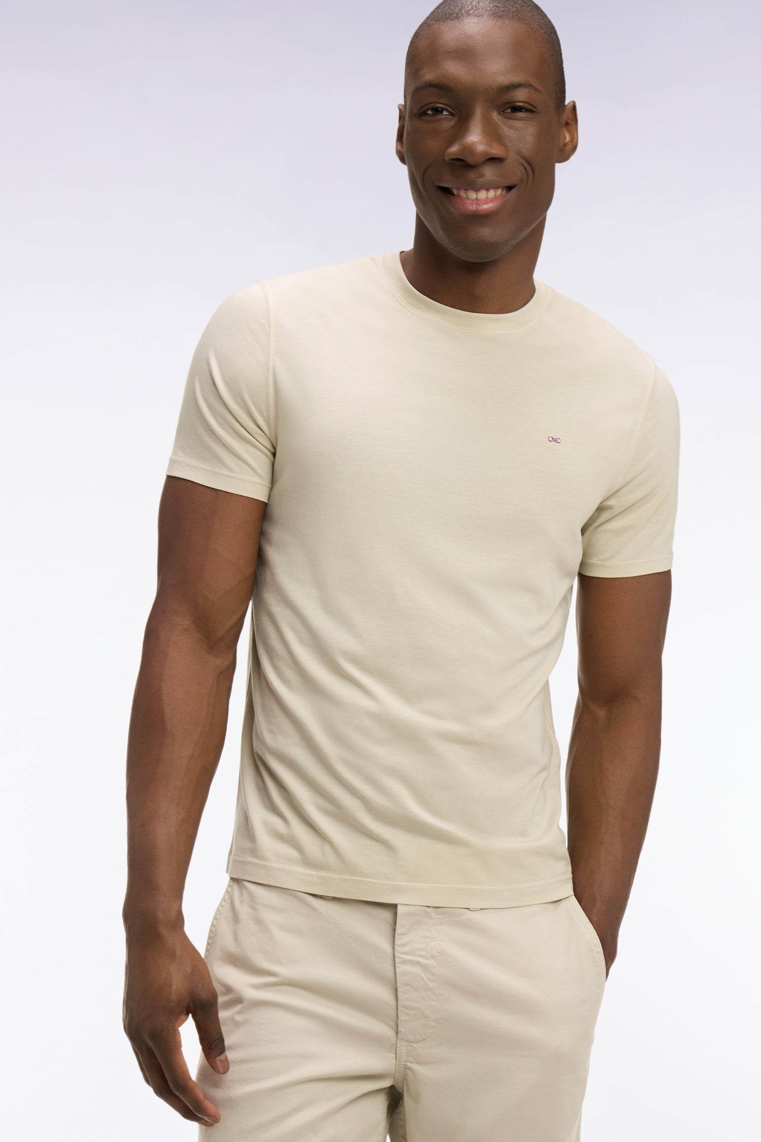 Short-sleeved beige lyocell and cotton T-shirt, regular fit – Eden