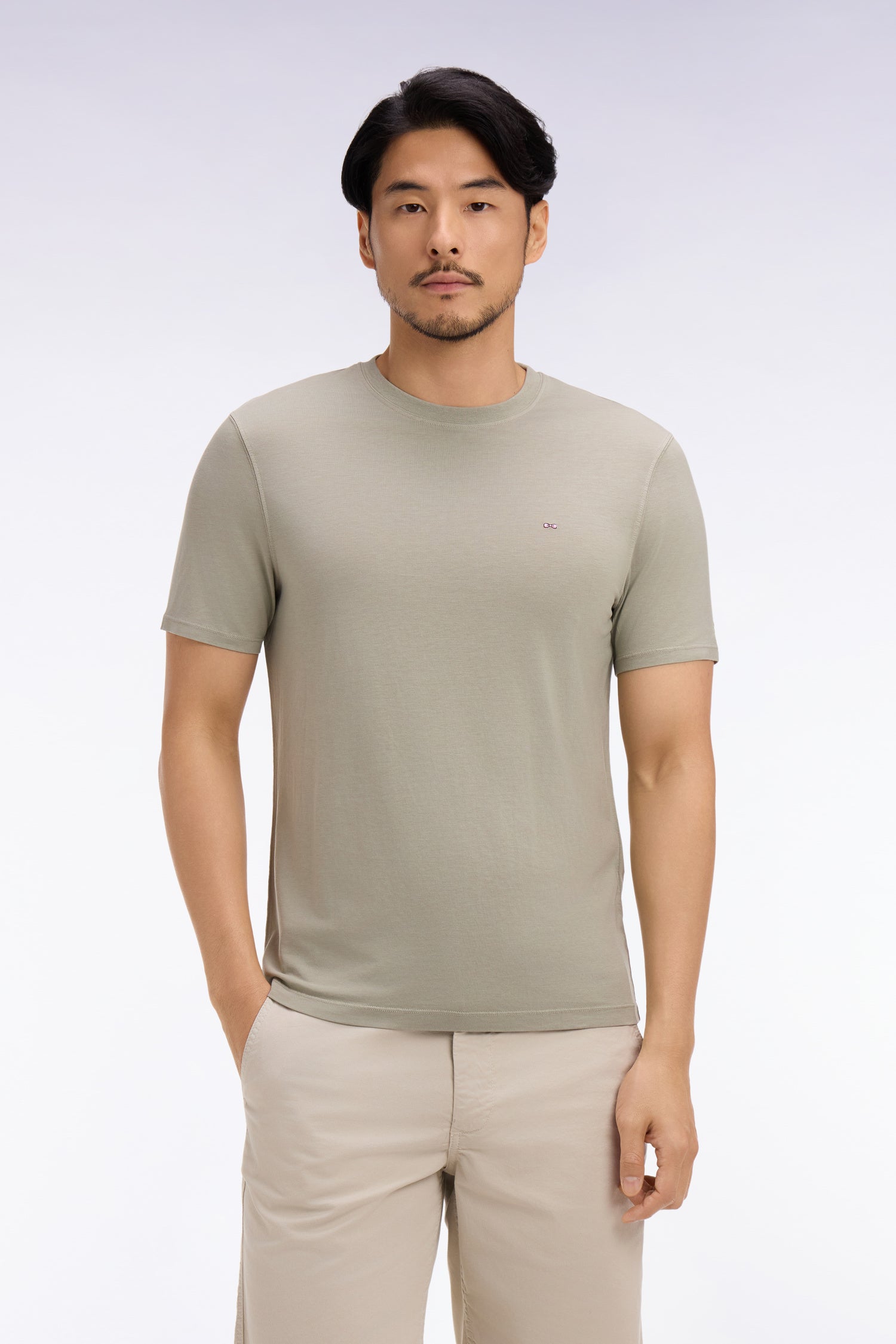 T-shirt à manches courtes en lyocell et coton kaki clair coupe regular