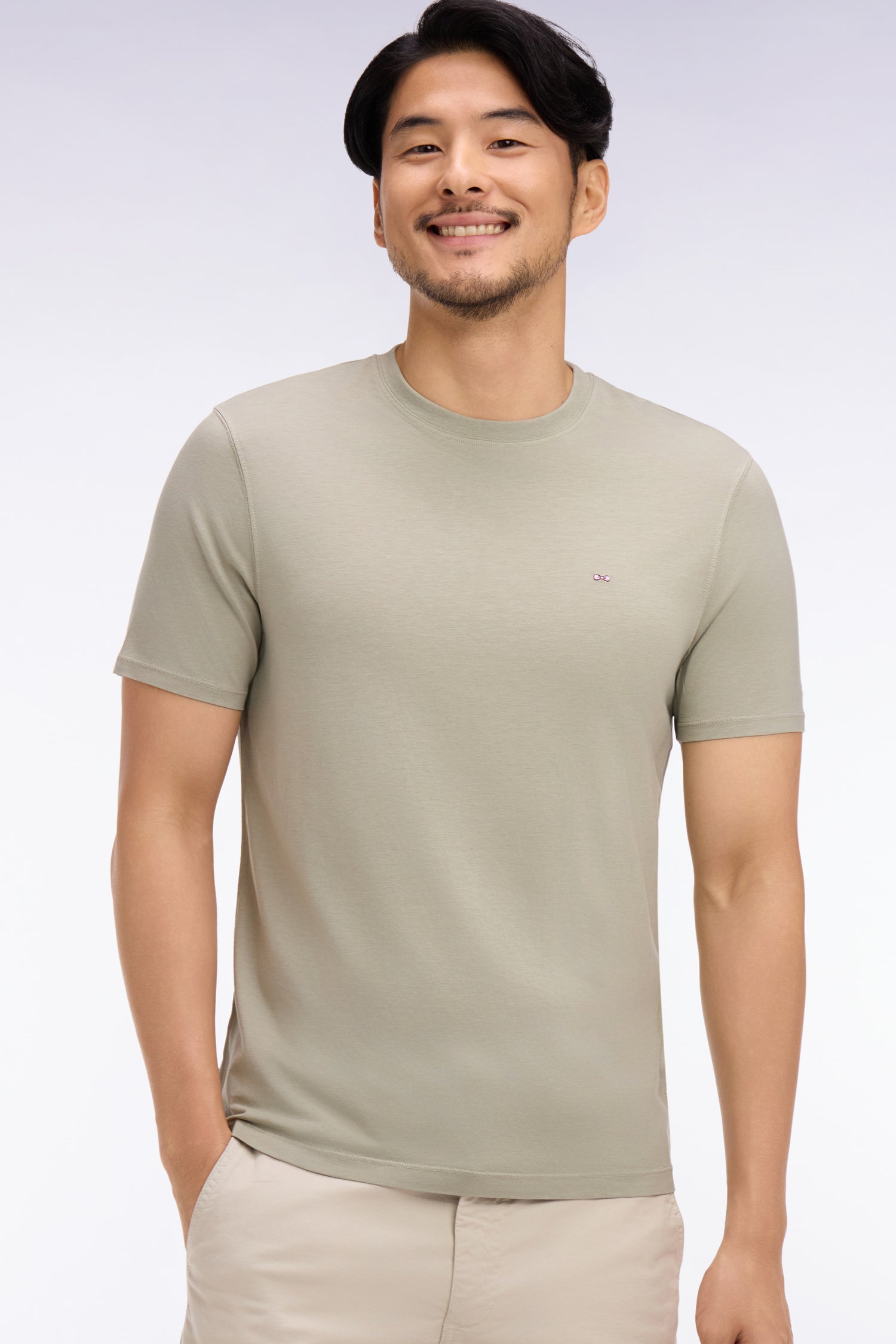 T-shirt à manches courtes en lyocell et coton kaki clair coupe regular