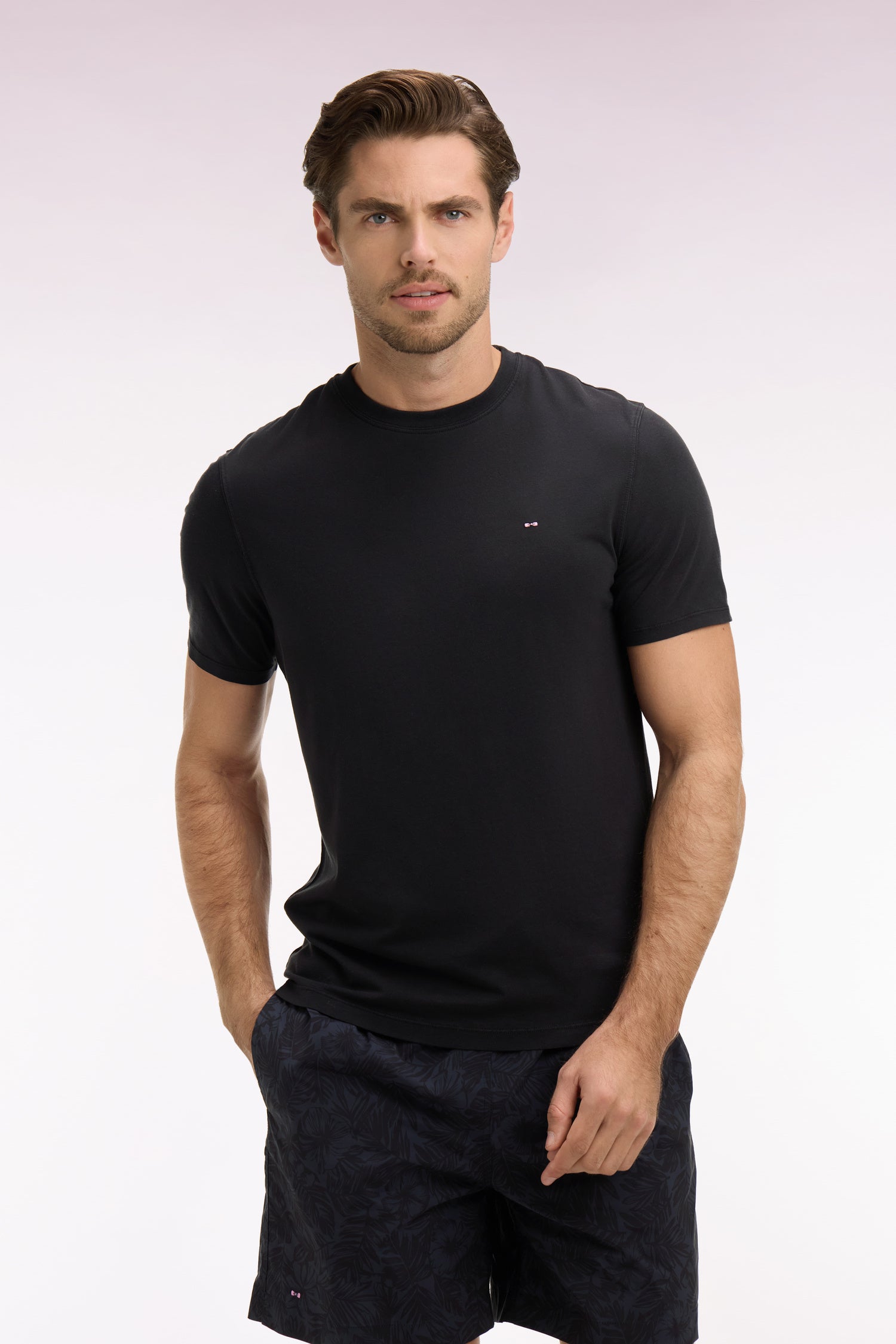T-shirt à manches courtes en lyocell et coton noir coupe regular
